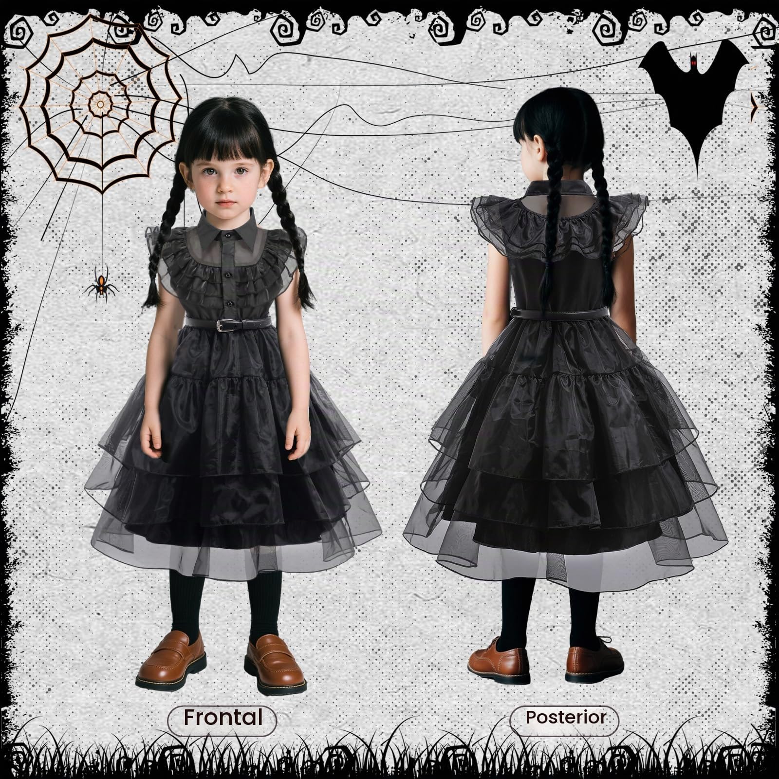 yumcute Vestido Gótico Niñas Princesa Disfraz Halloween para Niñas Vestidos para con Peluca Cinturón Calcetines Disfraz Negro Princesa Niña Halloween Carnaval Cosplay Fiesta 4-11 Años
