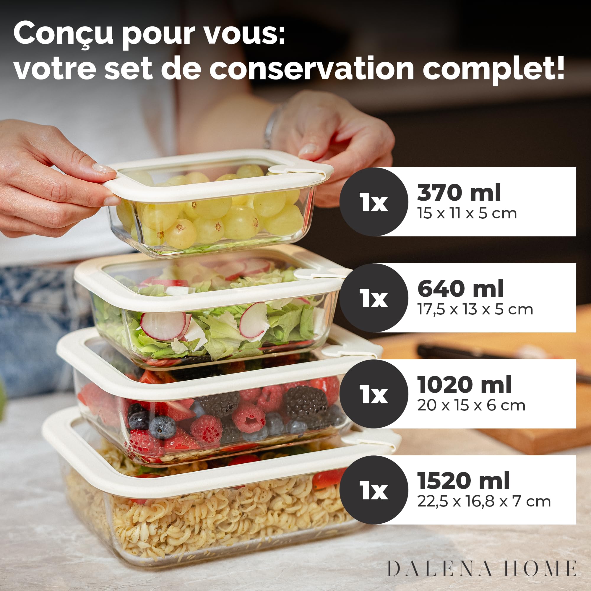 Boîte de Conservation en Verre Borosilicate Lot de 1x370ml, 1x640ml, 1x1020ml, 1x1520ml – Rangement et Organisation de Cuisine, Rangement Frigo, Boîte Rangement Cuisine
