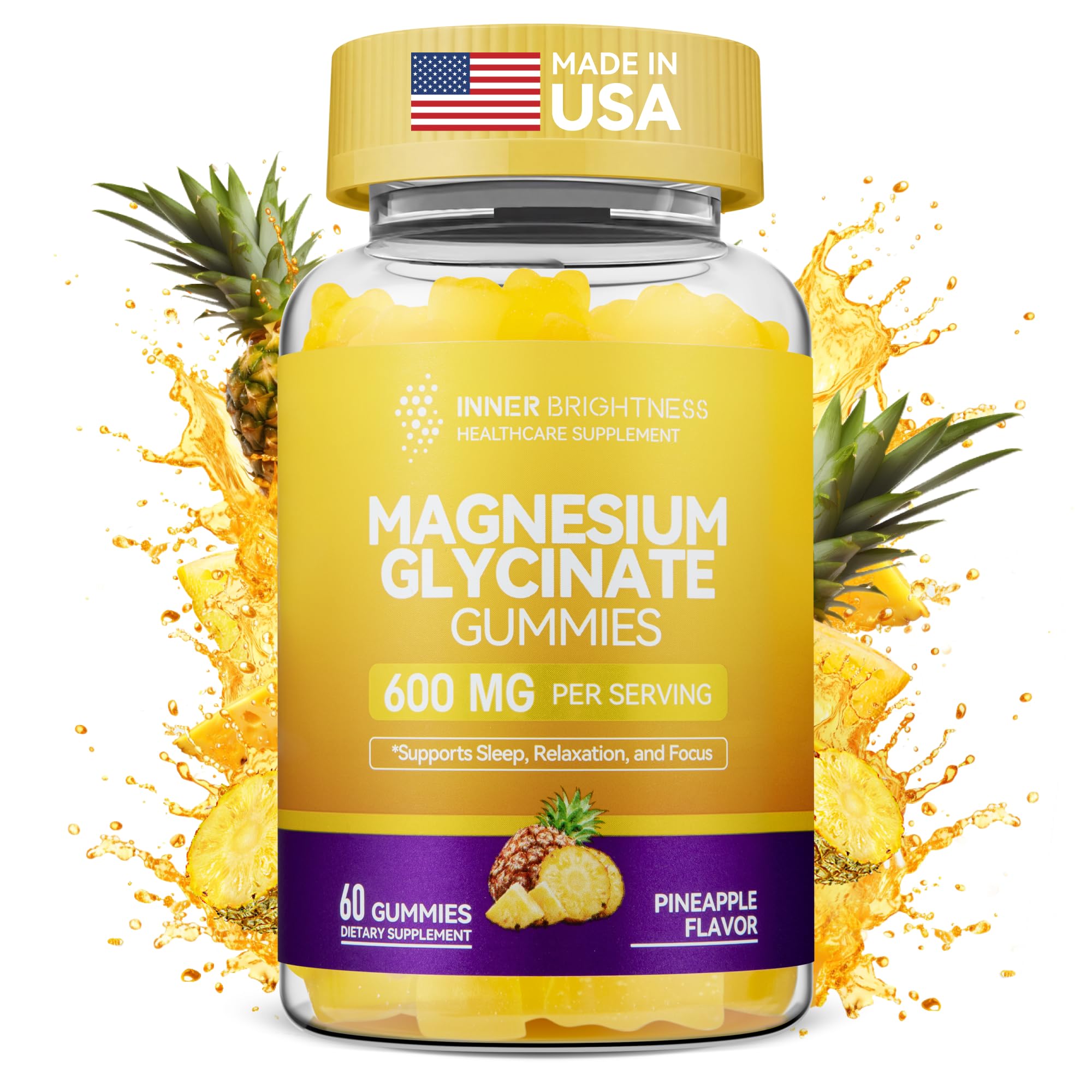 Magnesium Glycinate Gummies, Melatonin-Free & Sugar-Free Magnesium Supplement for Adults & Kids 4+, Supports Restful Sleep, Muscle Recovery & Calm Mood, 60 Count Pineapple (1 Pack)