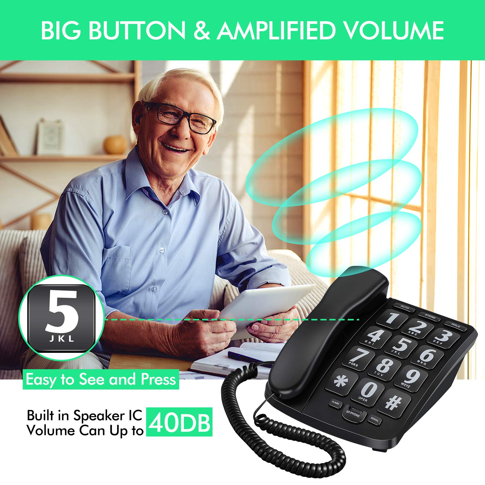 Riiai BigTel Amplified Big Button Landline Phones, Big Button Telephone