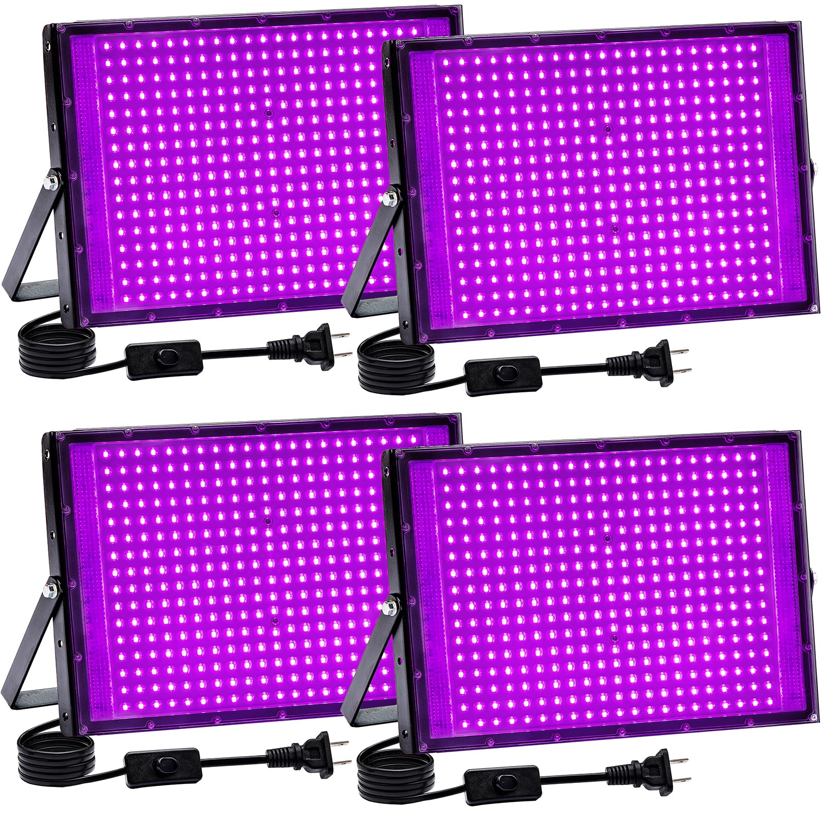 300W Black Lights for Glow Party, LED Blacklight IP65 Waterproof with US Plug and Switch 385-400nm UV Black Light for Halloween Decoration,Body Painting,Fluorescent Painting(4 Pack)