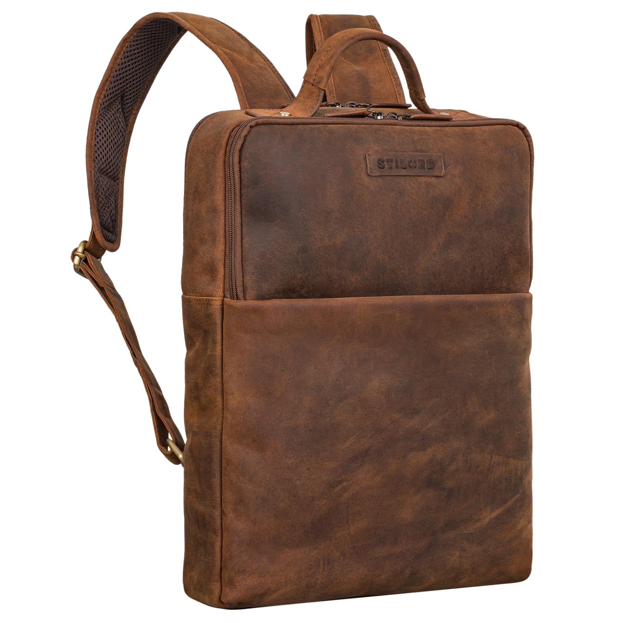 STILORD 'Noé' Mochila Elegante para Ordenador de 14 Pulgadas Mochilas de Cuero para Negocios Hombre Mujer Backpack de Trabajo Cuero Genuino, Color:avani - marrón