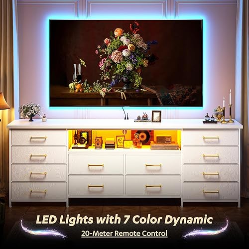 Miniatura 4 de Cómoda blanca de 63 pulgadas de ancho para dormitorio con 12 cajones de tela, cómoda larga con luces LED y tomas de corriente, soporte de TV para TV