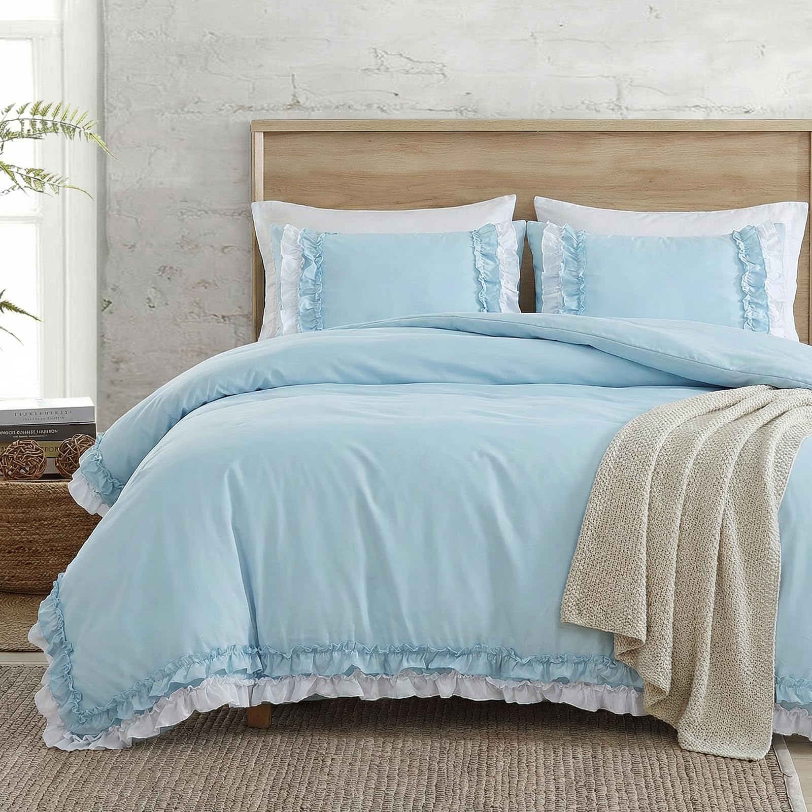 Herside Light Sky Blue Bedding Set King White Ruffled Duvet Cover Set Boho 2 Layers Ruffle Printed Soft Microfibre Duvet Cover with 2 Solid Pillowcases โ image 1