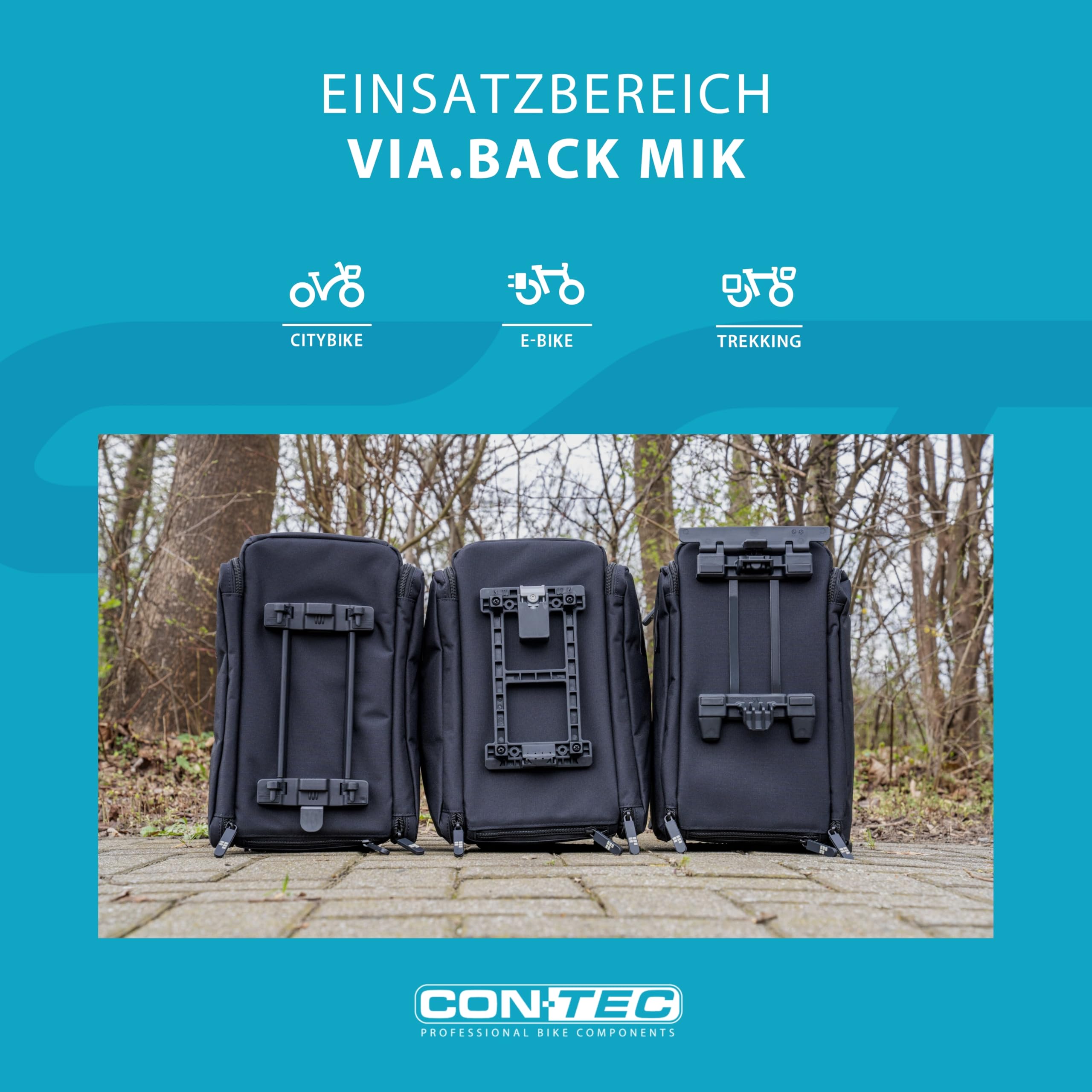 CONTEC Fahrrad-Gepäckträgertasche Via.Back MIK, vormontierter MIK Adapter, 32 L Volumen, mit Regenhaube, wasserabweisend, Verstellbarer Schultergurt, schwarz
