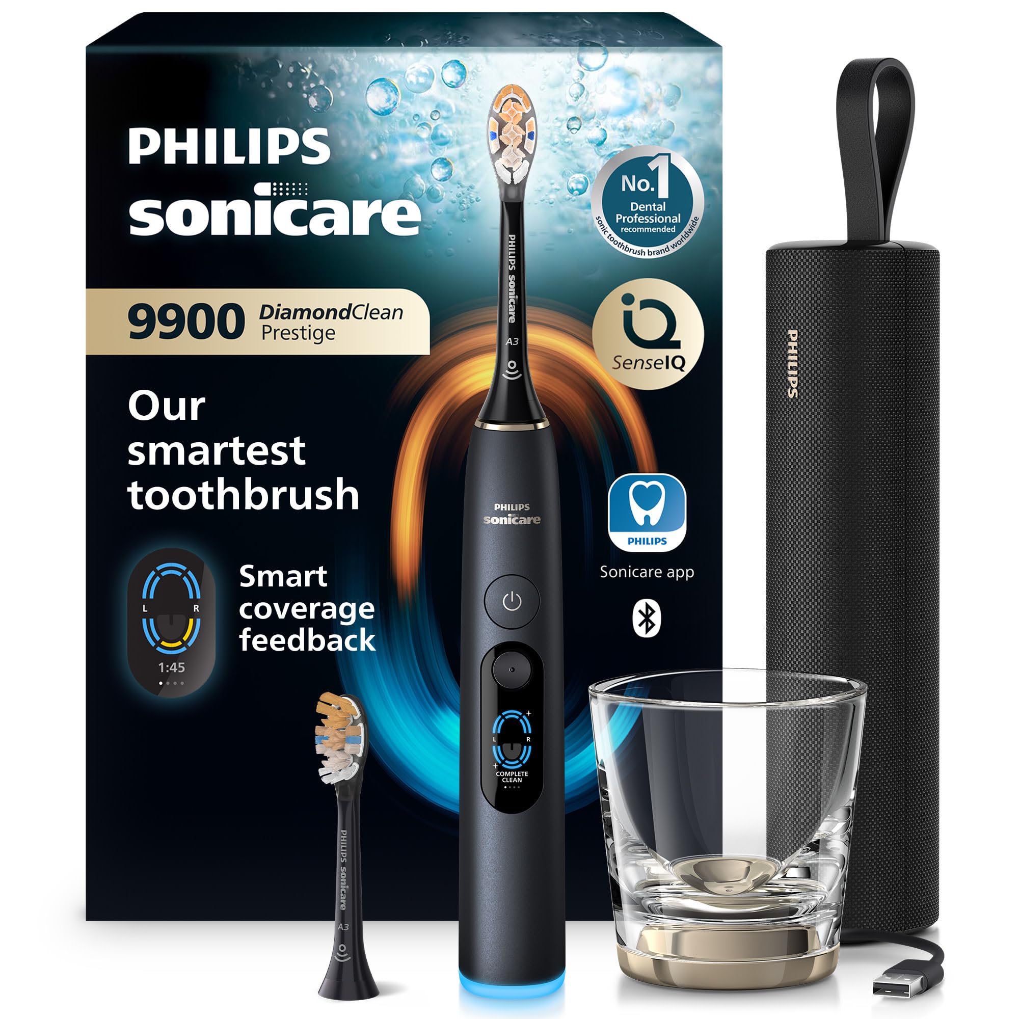 philips sonicare next-gen diamondclean 9900 prestige toothbrush | sonic toothbrush, senseiq, smart cover feedback, intelligent pressure feedback, 24 settings