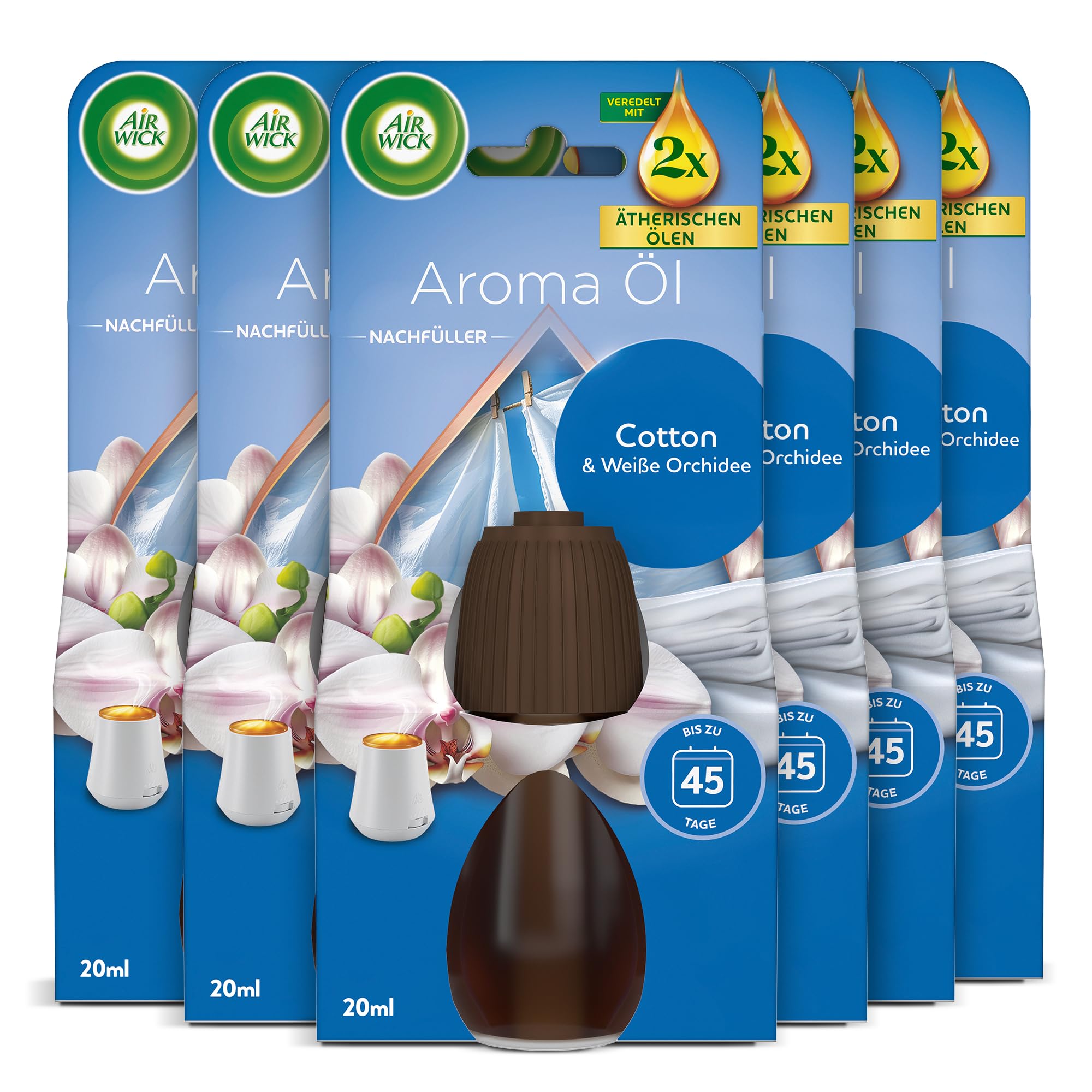 Air Wick Aroma-Öl – Vorteilspack – Nachfüllern mit ätherischen Ölen – Raumduft Cotton und Weiße Orchidee – 6 x 20 ml