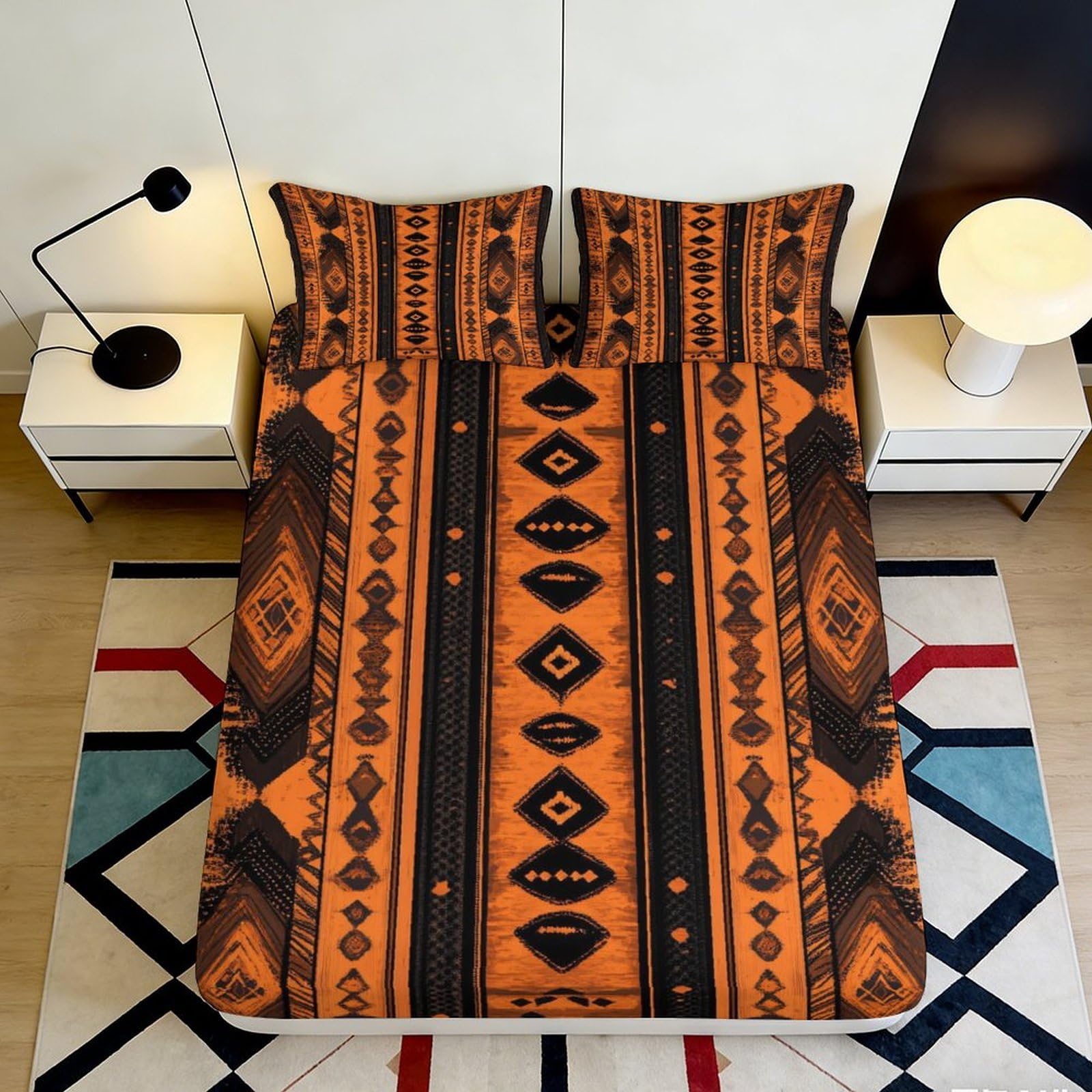 Dhbaneiok Style-4 3D Printed Tribal Geometric Fitted Sheet Microfiber Soft Rust Brown Ethnic Bed Sheet For Bedroom Dorm Decor 90X200x25cm
