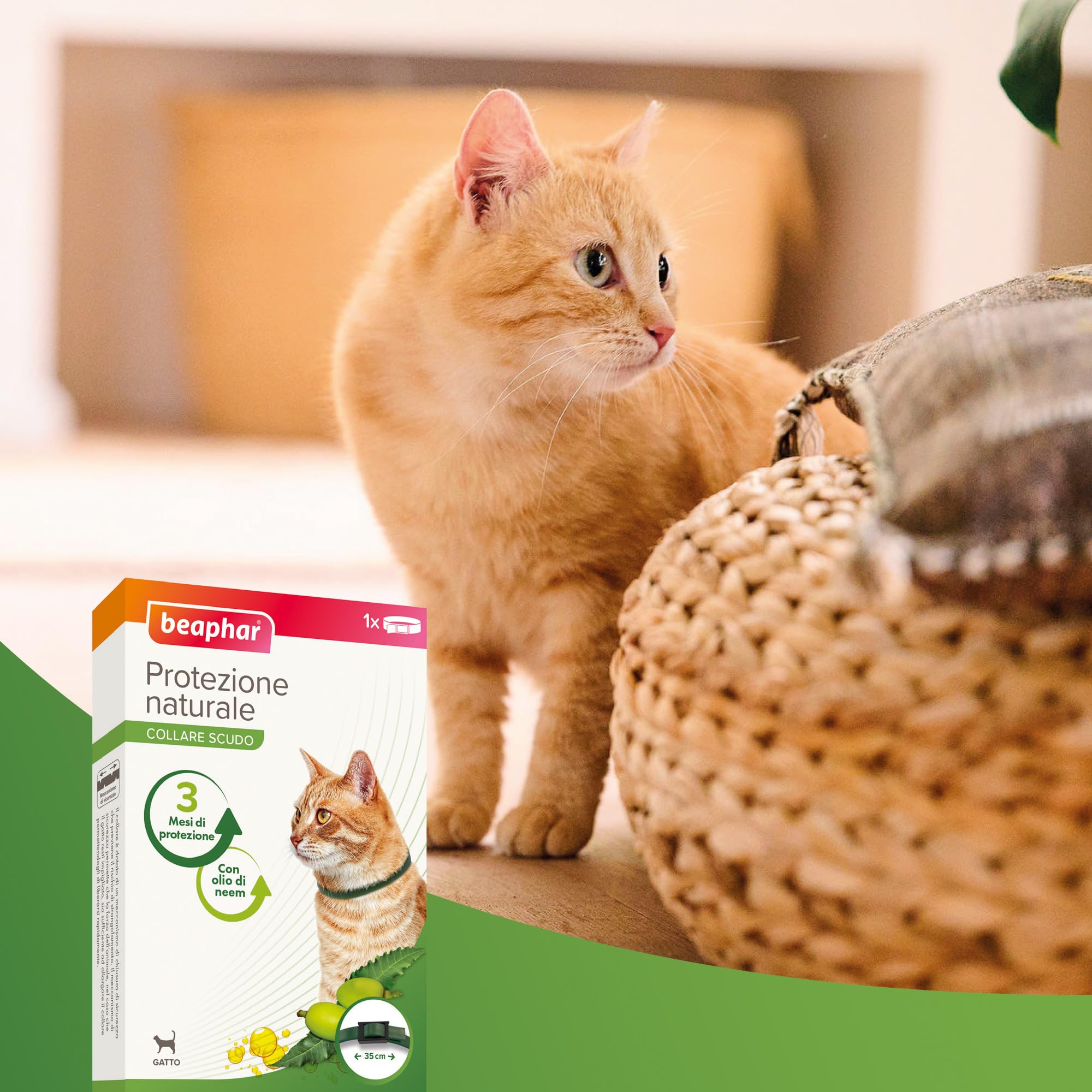 Beaphar Protezione Naturale, Collare Scudo Regolabile per Gatto, con Olio di Neem, Fino a 3 Mesi di Protezione, 35 cm