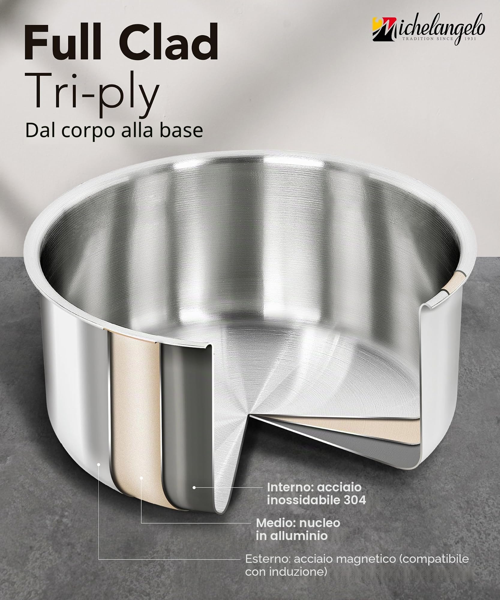 Michelangelo Set da 14 pentole in acciaio inox a tre strati con manico staccabile, set di pentole da cucina a induzione, pentole e padelle adatte al forno, impilabili per camper e campeggio