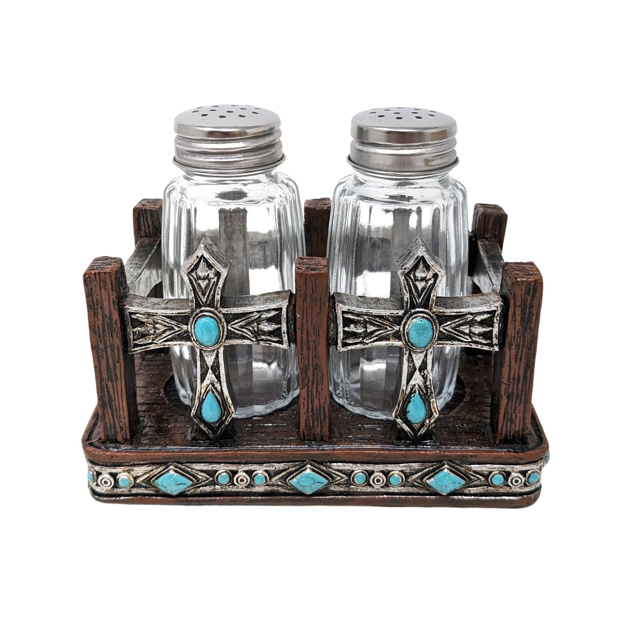BestGiftEver Salero y pimentero de piedras preciosas turquesa (doble cruz), detalles de cocina del suroeste, juego de salero y pimentero rústico occidental, decoración de comedor