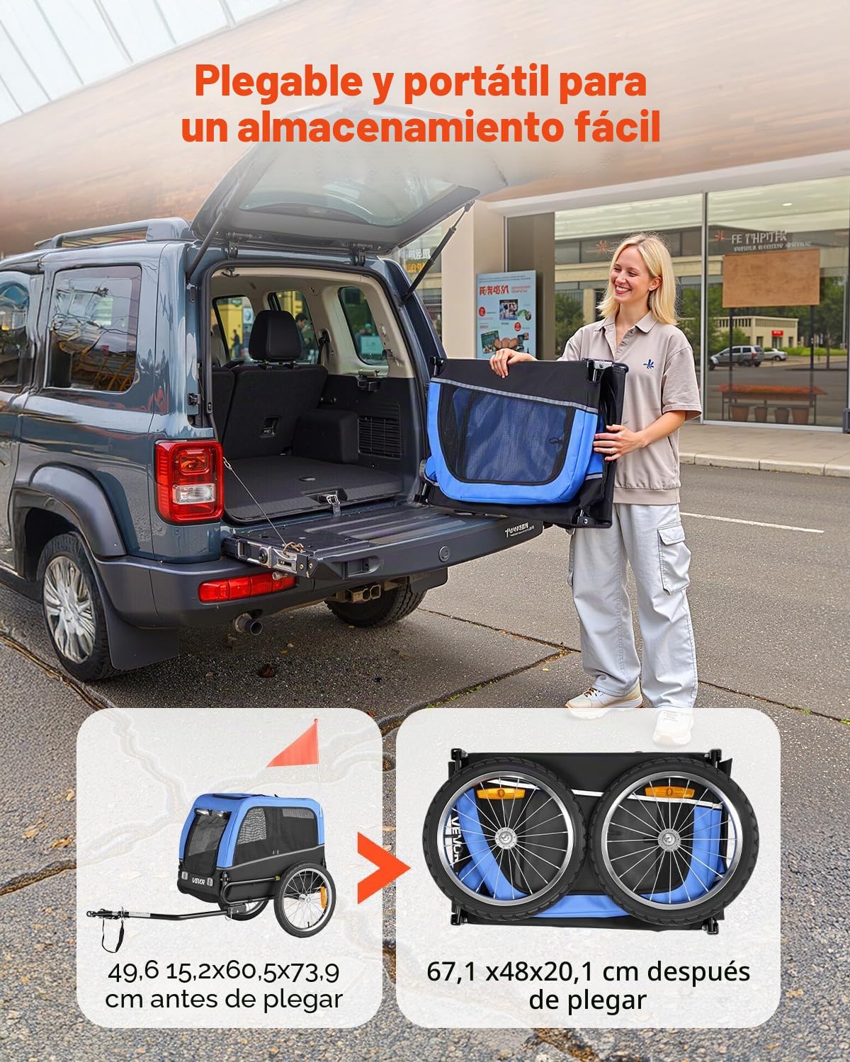 VEVOR Remolque de Bicicleta para Perros, Carga de 45 kg, Carrito Portabicicletas Plegable para Perros Pequeños/Medianos con Rueda de Liberación Rápida, Enganche Universal, Reflector y Correa Interior
