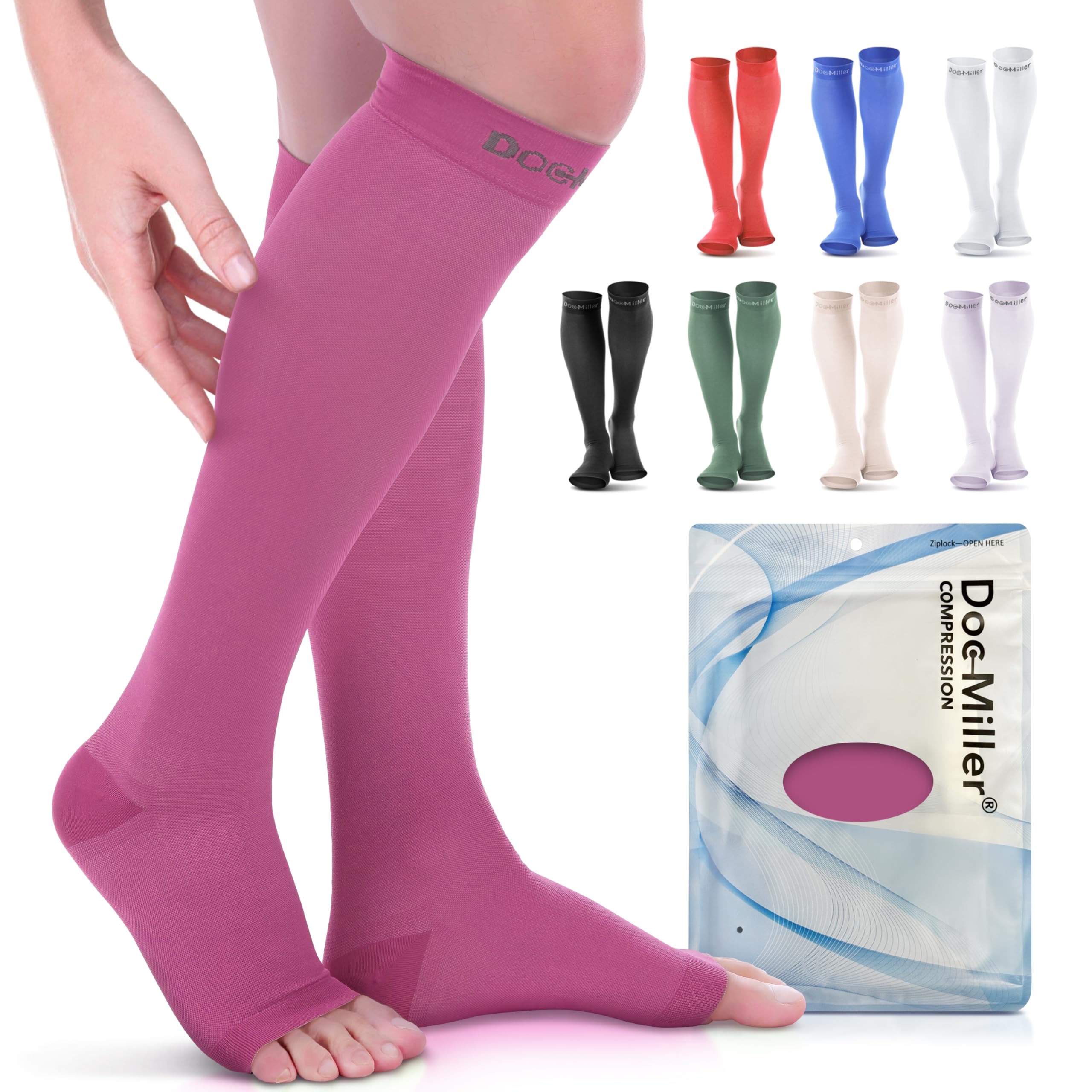 Doc Miller Open Toe Compression Socks, 20-30 mmHg, Toeless Compression Sleeves for Legs, Knee High Stockings for Shin Splints, Varicose Veins, Travel,
