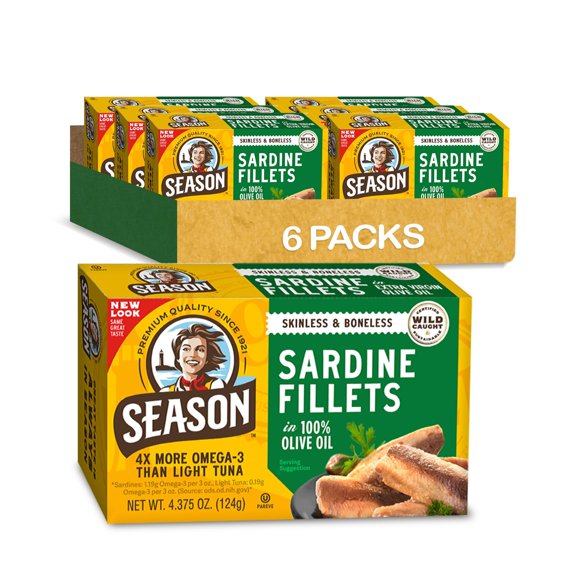 Season Sardines in Olive Oil – Skinless & Boneless, No Salt Added, Wild Caught, 22g of Protein, Keto Snacks, More Omega 3's Than Tuna, Kosher, High in Calcium, Canned Sardines – 4.37 Oz Tins, 6-Pack