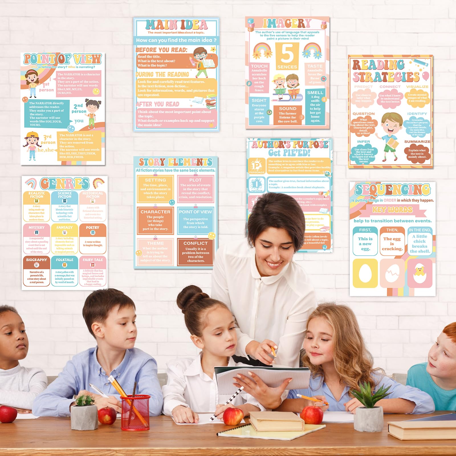 CHUNNIN 16Pcs Hippie Reading Comprehension Poster for Classroom Decoration Sign Groovy Rainbow Daisy Educational Literature Genre Bulletin Board Chart for Elementary Middle High School Wall Decor - Image 4