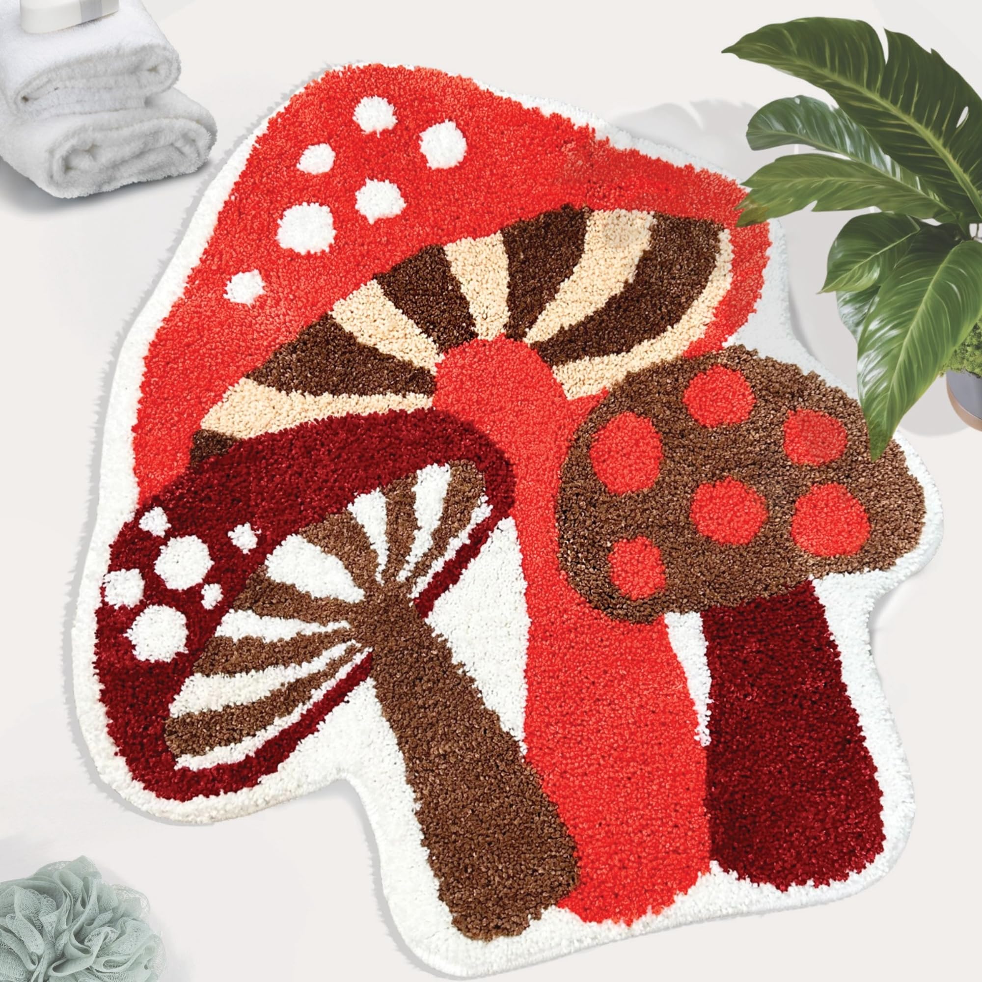 Mushroom Rug - Washable Bath Mat Non-Slip Bathroom Rug Absorbent Mat for Kids and Women Ideal Red Mushroom