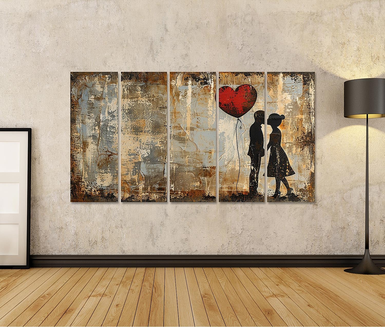 islandburner Quadro su tela Grande palloncino a forma di cuore rosso galleggia su due sagome di bacio, graffiti su muro di cemento immagini murali poster