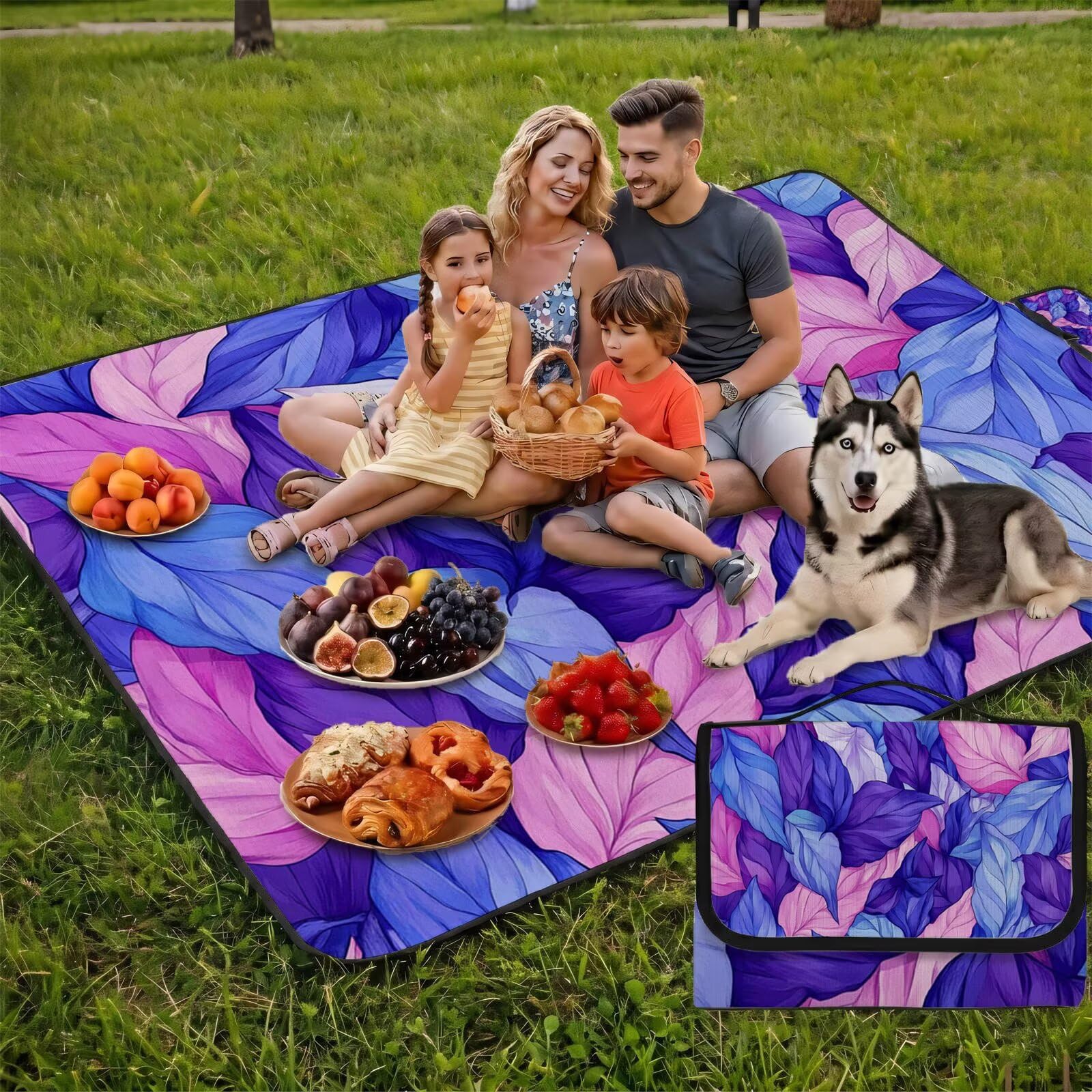 Couverture Pique Nique Grande 200x300cm,Outdoor Couverture Imperméable,Pliable Tapis de Plage Dos en PVC,Picnic Blanket pour Camping Accessoires,Jardin,Parc,Famille - Feuilles Violettes UZ-305