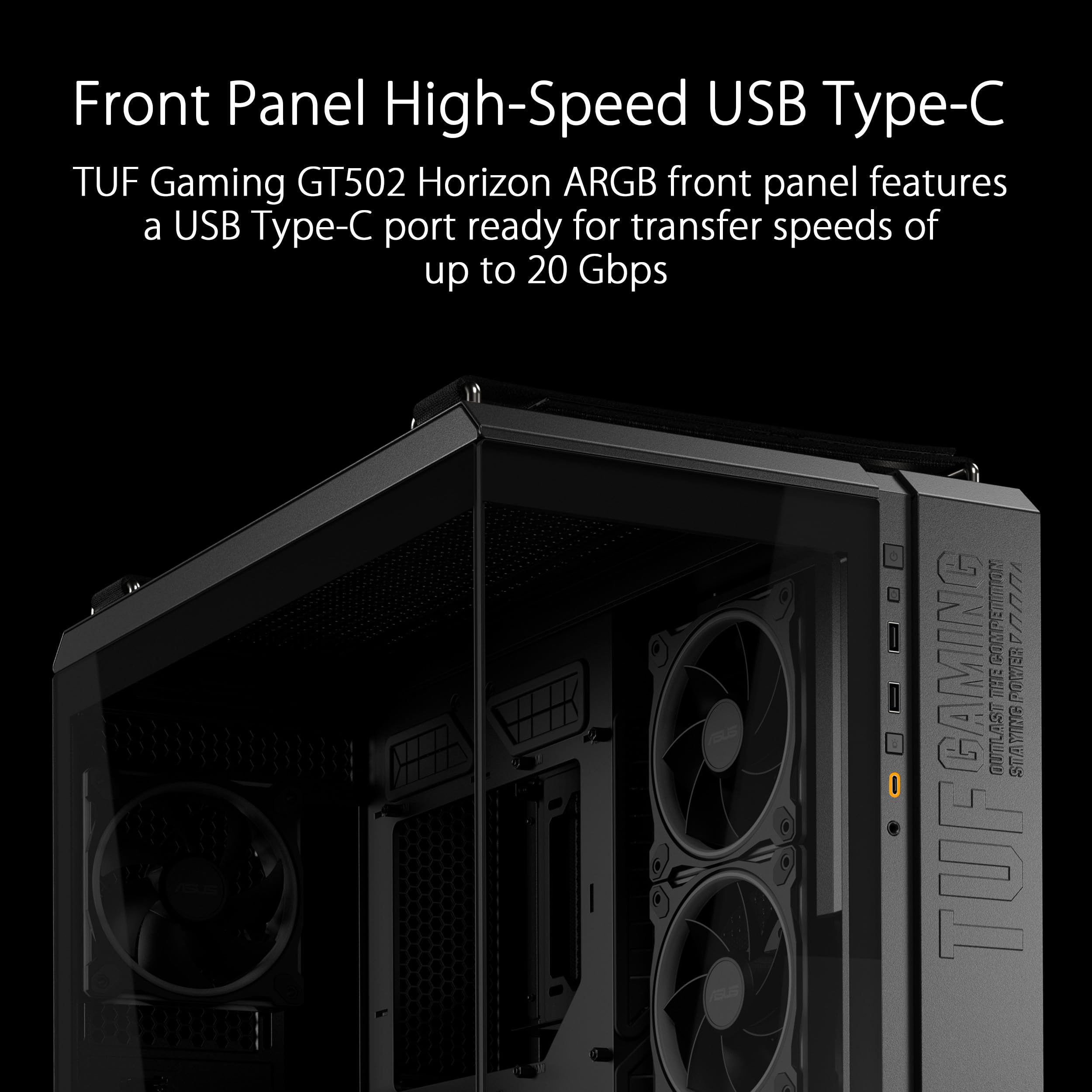 ASUS TUF GAMING GT502 HORIZON TG ARGB BLACK,Chassis a Doppia Camera con Design Panoramico e Pannello in Vetro, 4 Ventole ARGB Preinstallate, Porta USB-C ad Alta Velocità,Montabile senza Attrezzi, Nero