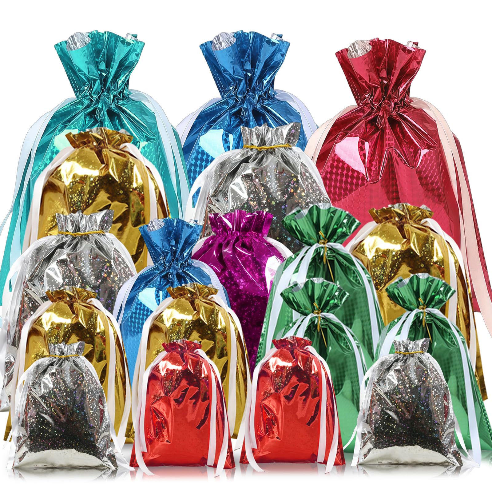 18 Pack Foil Gift Bags Drawstring Gift Bags Multipack,7 Solid Colors Shimmer Birthday Bag Large Christmas Sacks,Reusable Jumbo Xmas Bag Gift Wrapping Bag for Presents,Wedding Birthday Christmas Party โ image 1