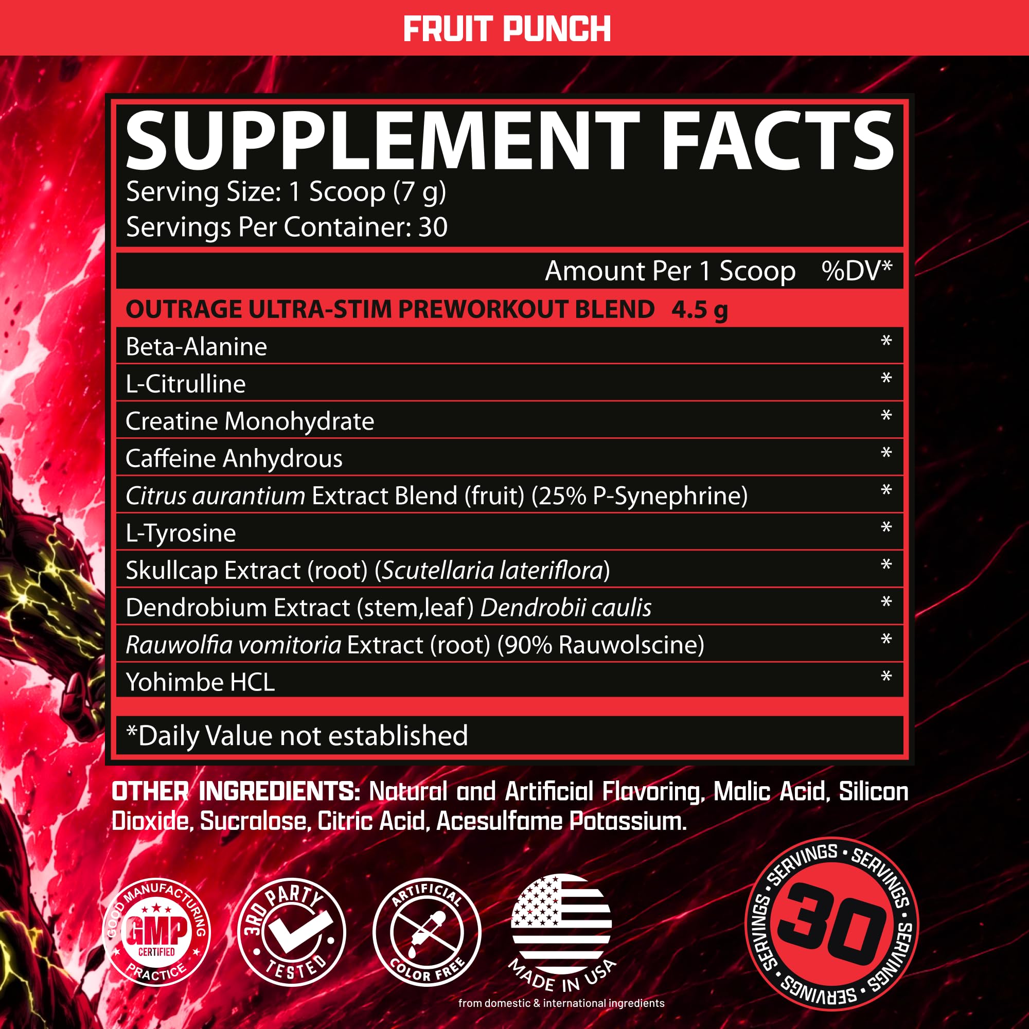 Outrage Ultra HIGH STIM Pre-Workout Powder for Men Fruit Punch | 400mg Caffeine, L-Citrulline, Beta-Alanine, Creatine | Extreme Energy, Focus, Strength & Endurance | 30 Servings — Amazon image 3