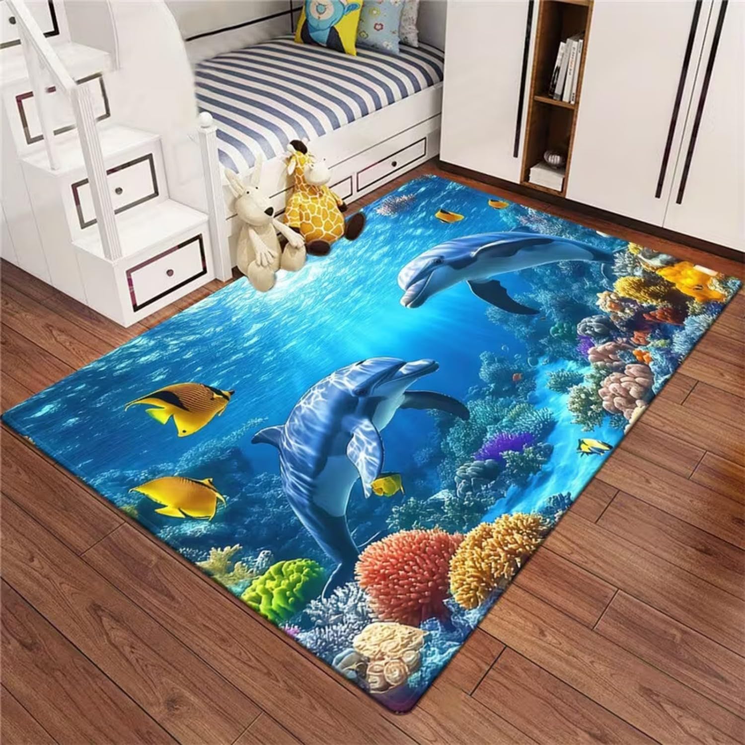 3D Delfine Teppich Buntes Korallenriff, Helle Ozean Unterwasserwelt, rutschfest & Pflegeleicht, Dekorativer Wohnzimmerteppich, Schlafzimmerteppich Blau - 70x140cm