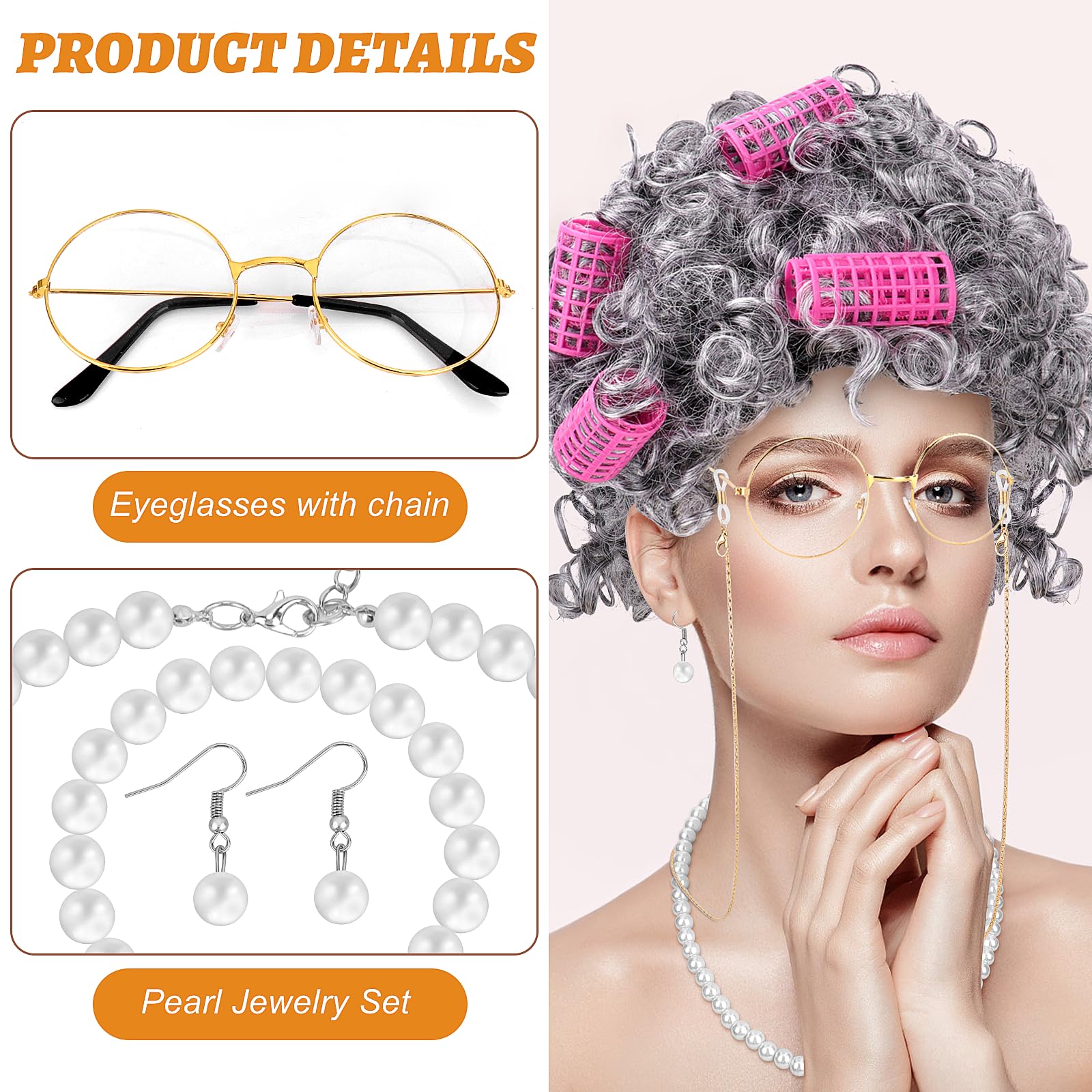 Homgaty14Pcs Old Lady Fancy Dress Set, Granny Wig Grandma Wig Kit - Image 2
