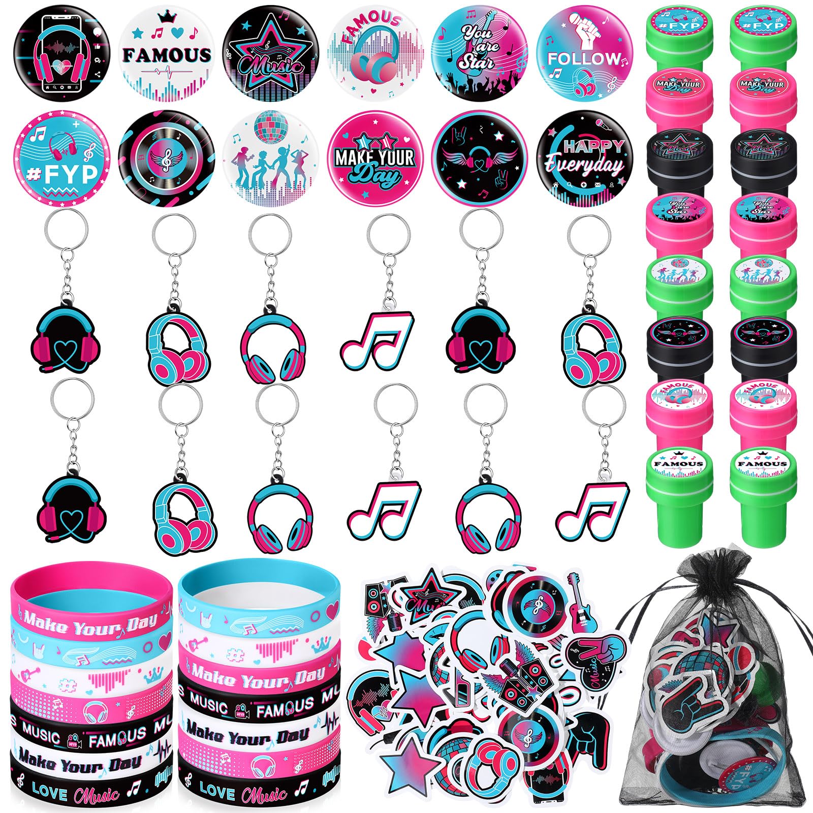 Capoda 110 Pcs Music Party Favor Supplies Kit Media Theme Gift Bag Filler Silicone Bracelets Button Pins Music Keychains Stampers Stickers for Boys