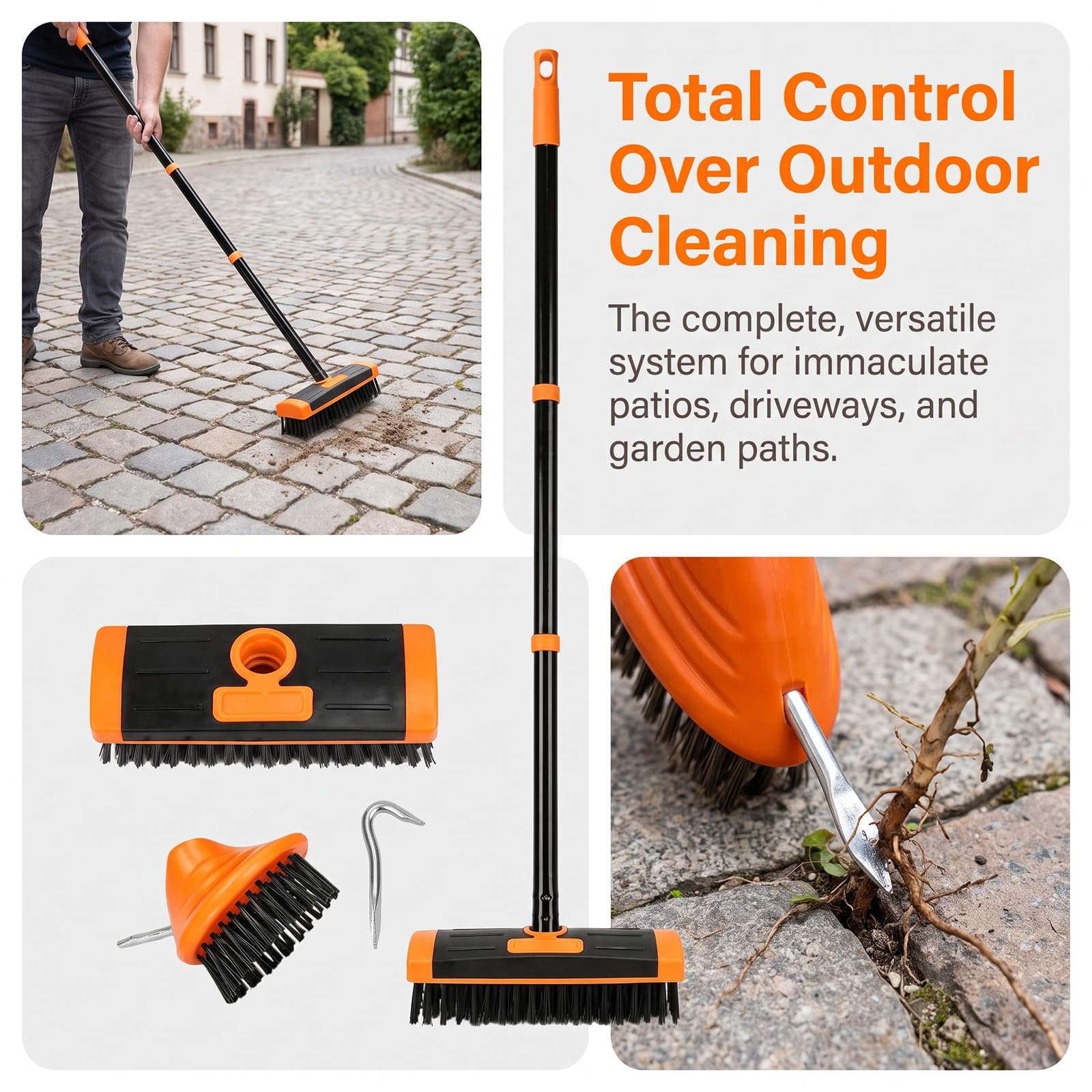Juego de cepillo versátil 3 en 1, cepillo telescópico de mango largo, extractor de malas hierbas, herramientas de deshierbe para patios, jardín, losas de pavimento, 2 unidades, color naranja