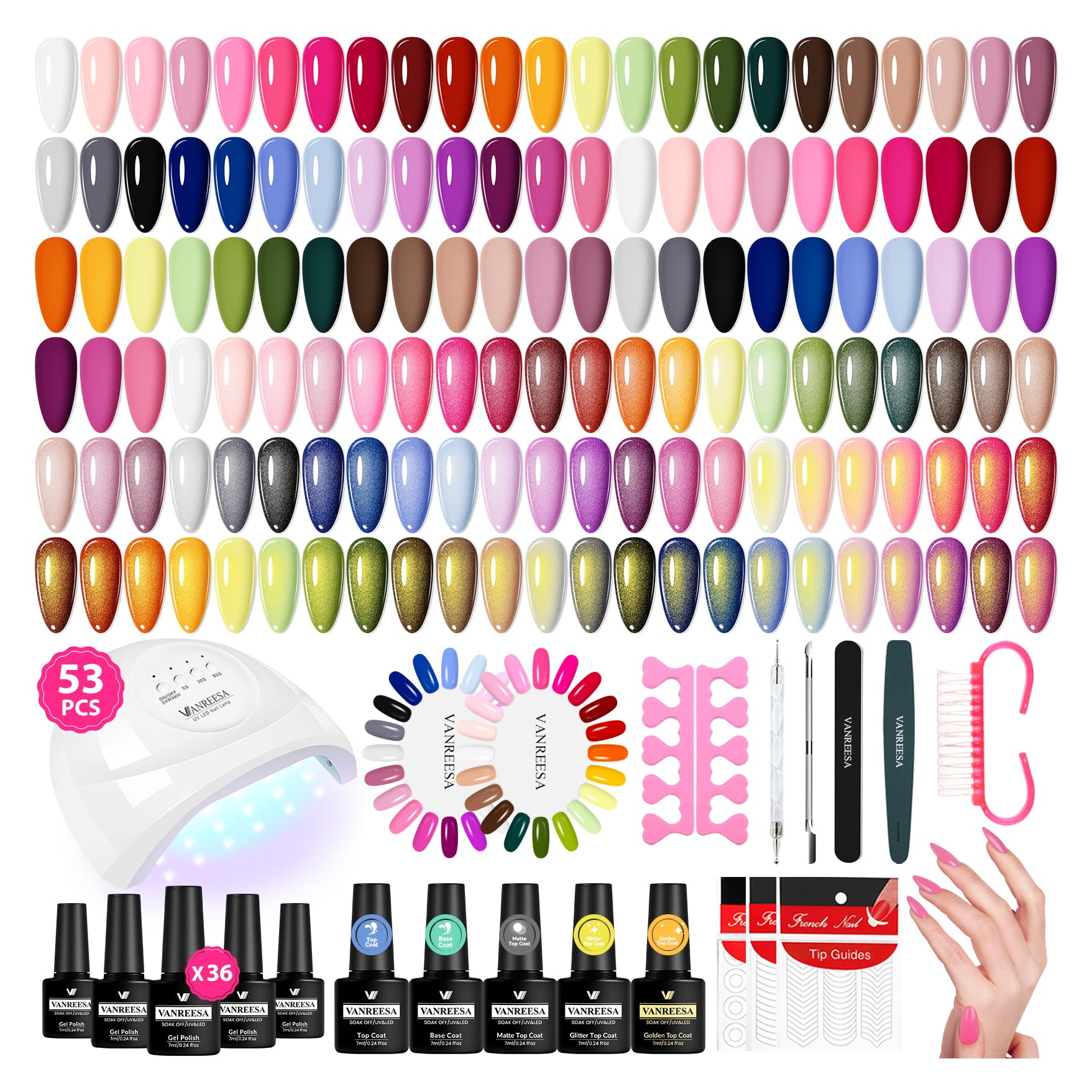 VANREESA Gel Nail Polish Kit with U V Light 53 Pcs Gel Polish Nail Set 36 Colors Nail Polish Set + Base and 4 Effects Top Coat with Manicure Tools
