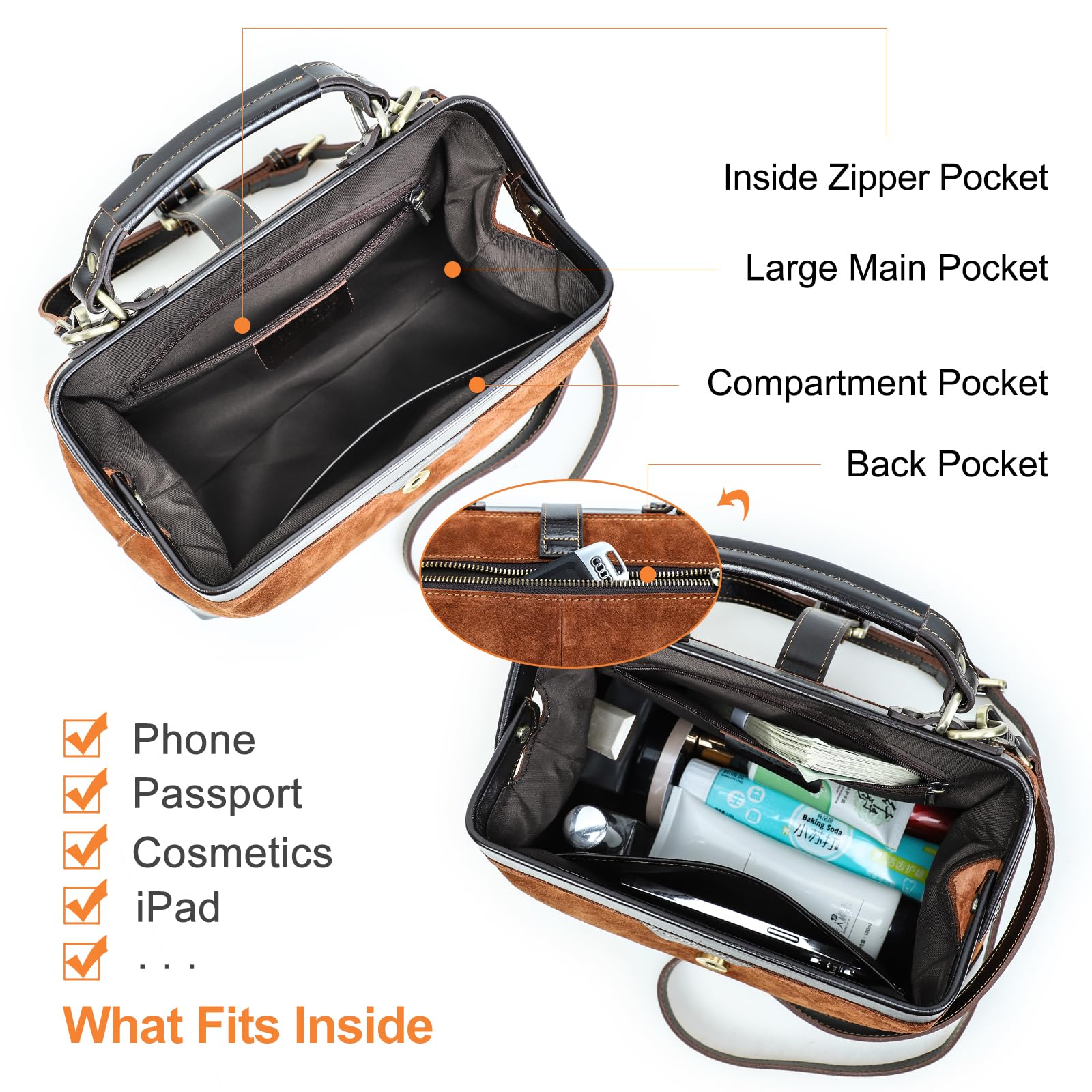 CONTACTS Bolso de mano con asa superior para mujer, de cuero de grano completo, bolso de mano, bolso de hombro, bolso de mano vintage con cierre de metal y apertura de marco