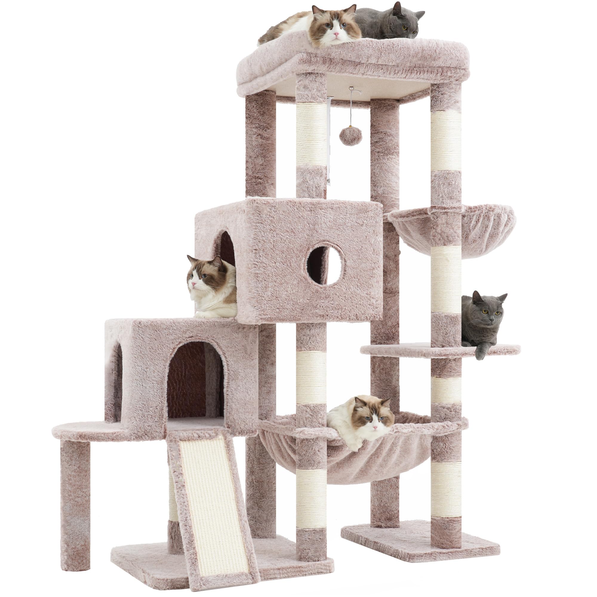 Hey-brother Kratzbaum, Katzenbaum mit Grosse Plattformen für Großkatze, 127 cm hoch, Treppenstruktur, Katzenkratzbaum mit 2 höhlen, geräumiger Hängematte, Sisalkratzbrett und Korb, Sandbraun MPJ071MU