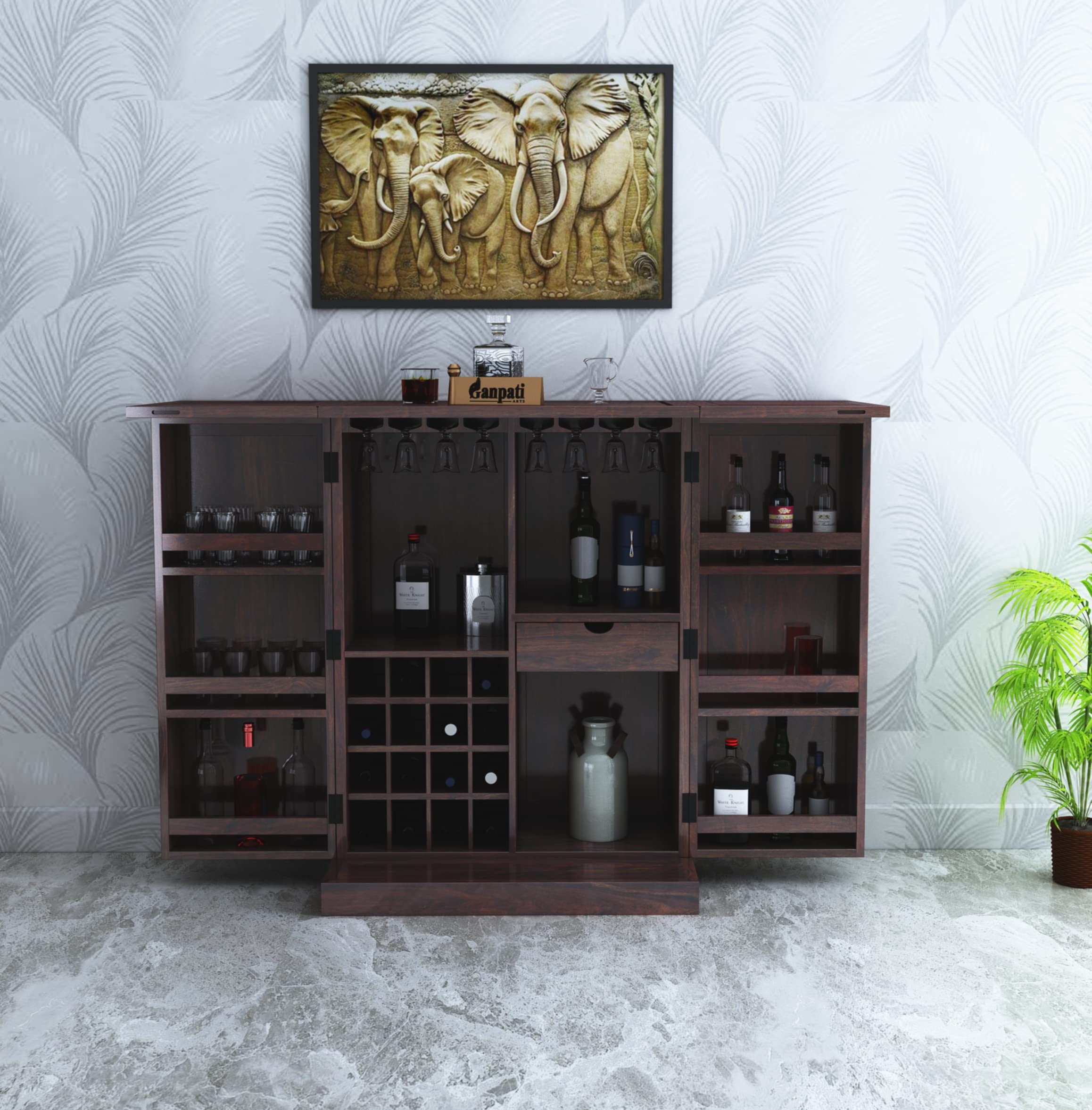Ganpati Arts Sheesham Wood Bar Cabinet for Home Mini Bar Cabinet Solid Wooden Wine Storage Shelf Rack with Drawer and Glass Holder -Walnut Finish 1 Year Warranty