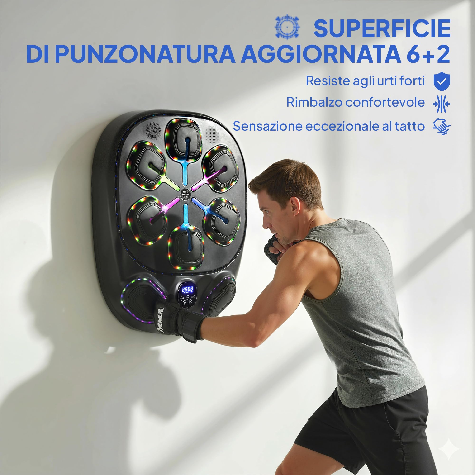 SPORTNOW Macchina da Boxe Musicale a Parete con 9 modalità e Luci LED Multicolore, Music Boxing Machine per Adulti con Connessione Bluetooth, per Casa e Palestra, 61x48x11 cm, Nero