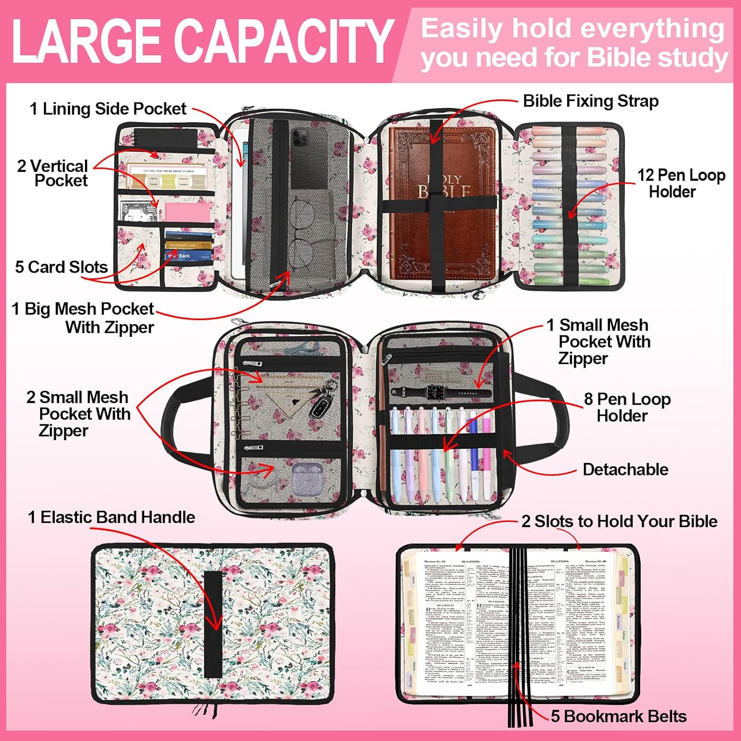 Pink Floral Bible Cover Case for Women, Cute Flower Large Bible Bag Book Carrying Bag with Strap Handle Zipper Pockets, Pens and Highlighters Cross Clips for Bible Study & Church - Image 4