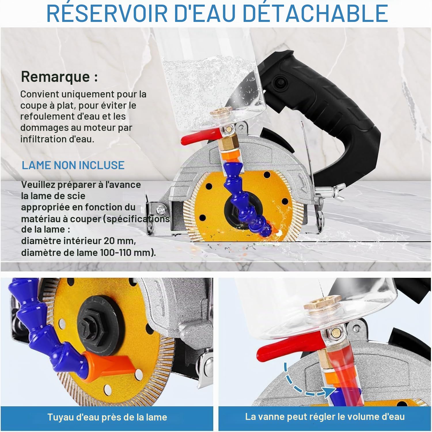 MXBAOHENG Coupe de carrelage électrique sans lames 1000 W 45 degrés Scie à tronçonner professionnelle humide avec réservoir d'eau amovible, adapté pour carrelage en céramique (adapté 100-110mm lame)