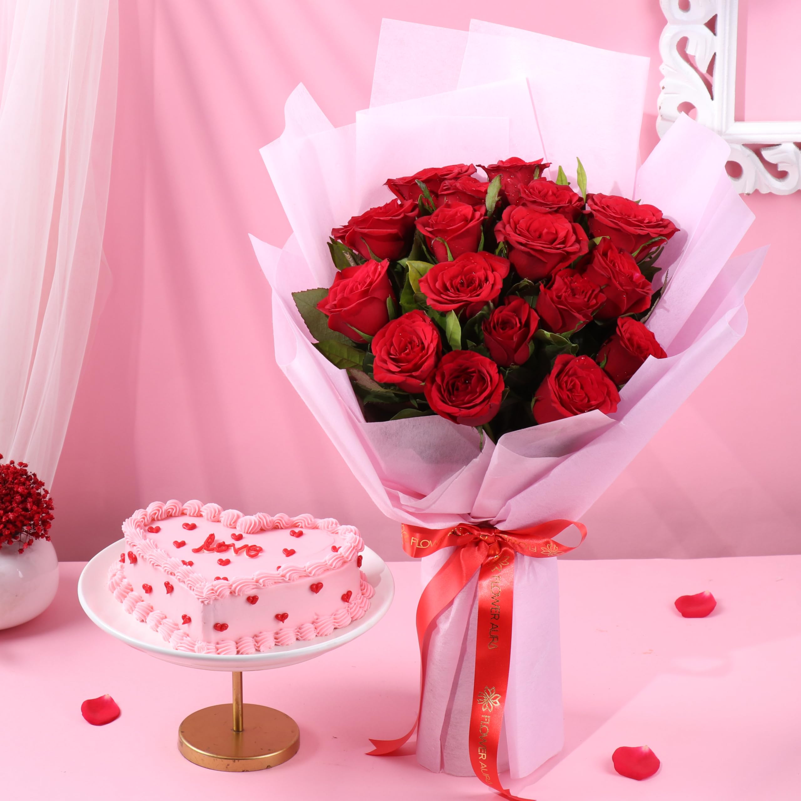 FlowerAura Love Combo of Fresh 500g Heart Chocolate Cake & 15 Red Roses Flower Bouquet For Birthday | Anniversary | Valentine's Day Gift For Girlfriend, Boyfriend, Husband & Wife (Same Day Delivery)-image-29