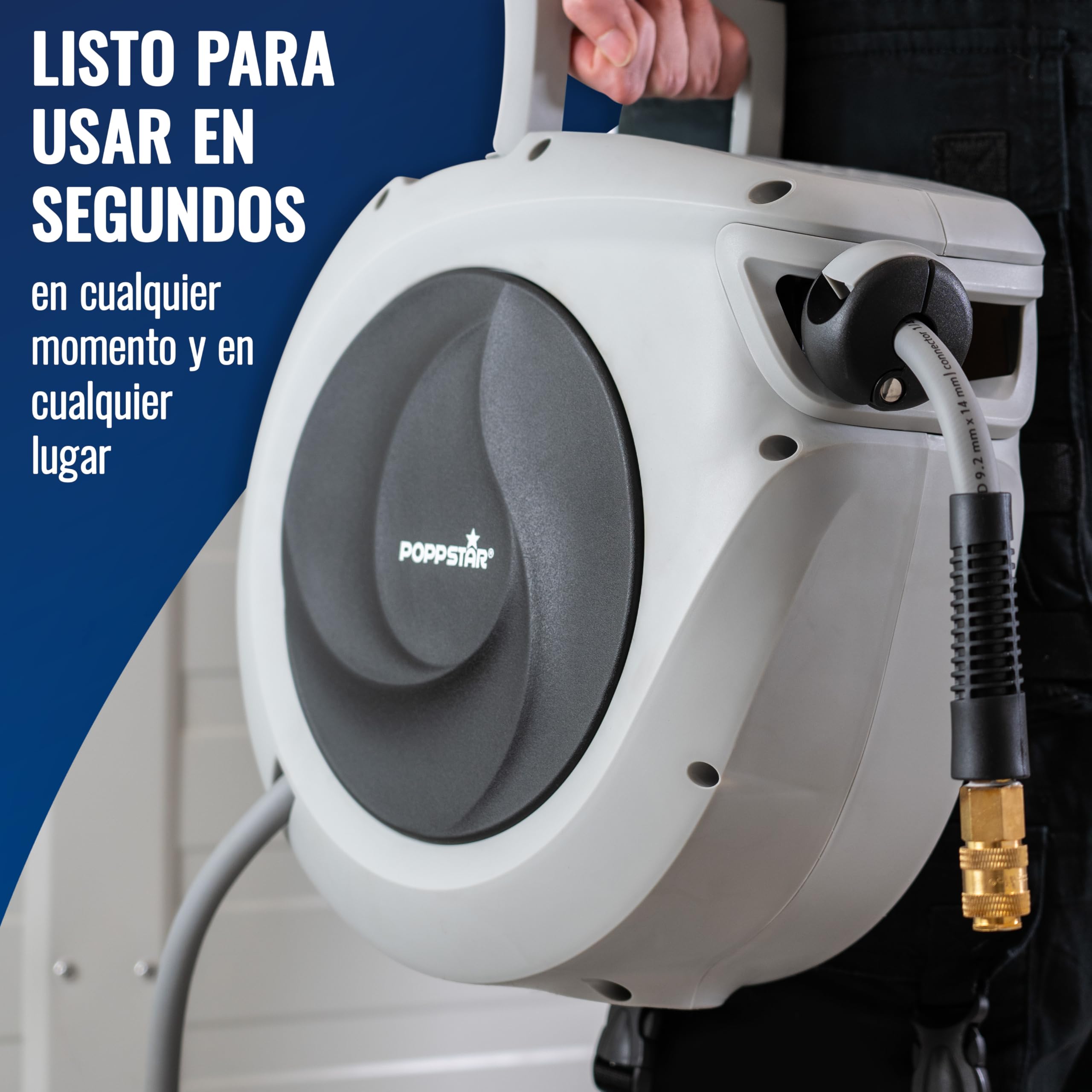 Poppstar Enrollador de manguera de aire comprimido (15m+1,1m, diámetro 3/8" (9,2 x 14 mm)), conexión 1/4" BSPT, carrete de manguera de aire comprimido de PVC híbrido