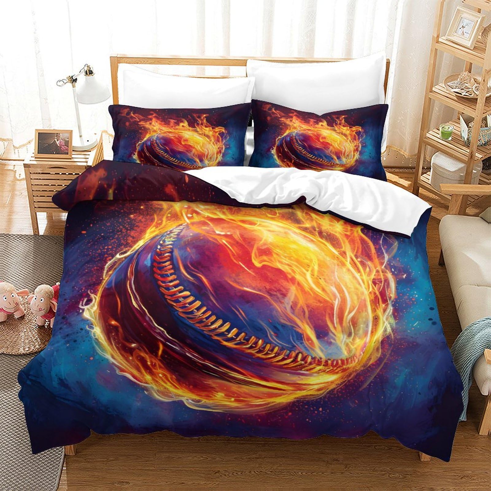 LIAOHENKAN Firestorm Basketball Full Size Comforter Set for Teens Adults 3Pcs Bedding Set with Zipper Closure Ultra Soft Quilt Set Breathable Room Decor for All Ages Single（140x200cm）