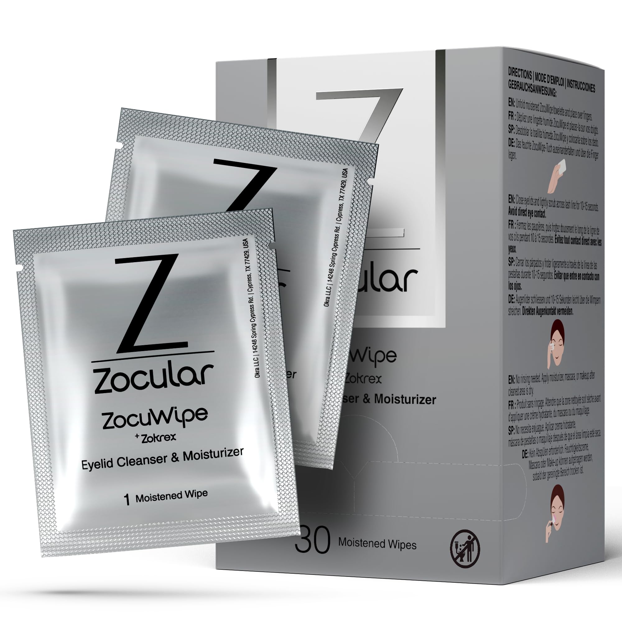Zocular ZocuWipe Salviette detergenti per palpebre con complesso naturale di gombo - Detergente delicato quotidiano per palpebre e tamponi idratanti - Struccante e salviette igieniche per gli occhi
