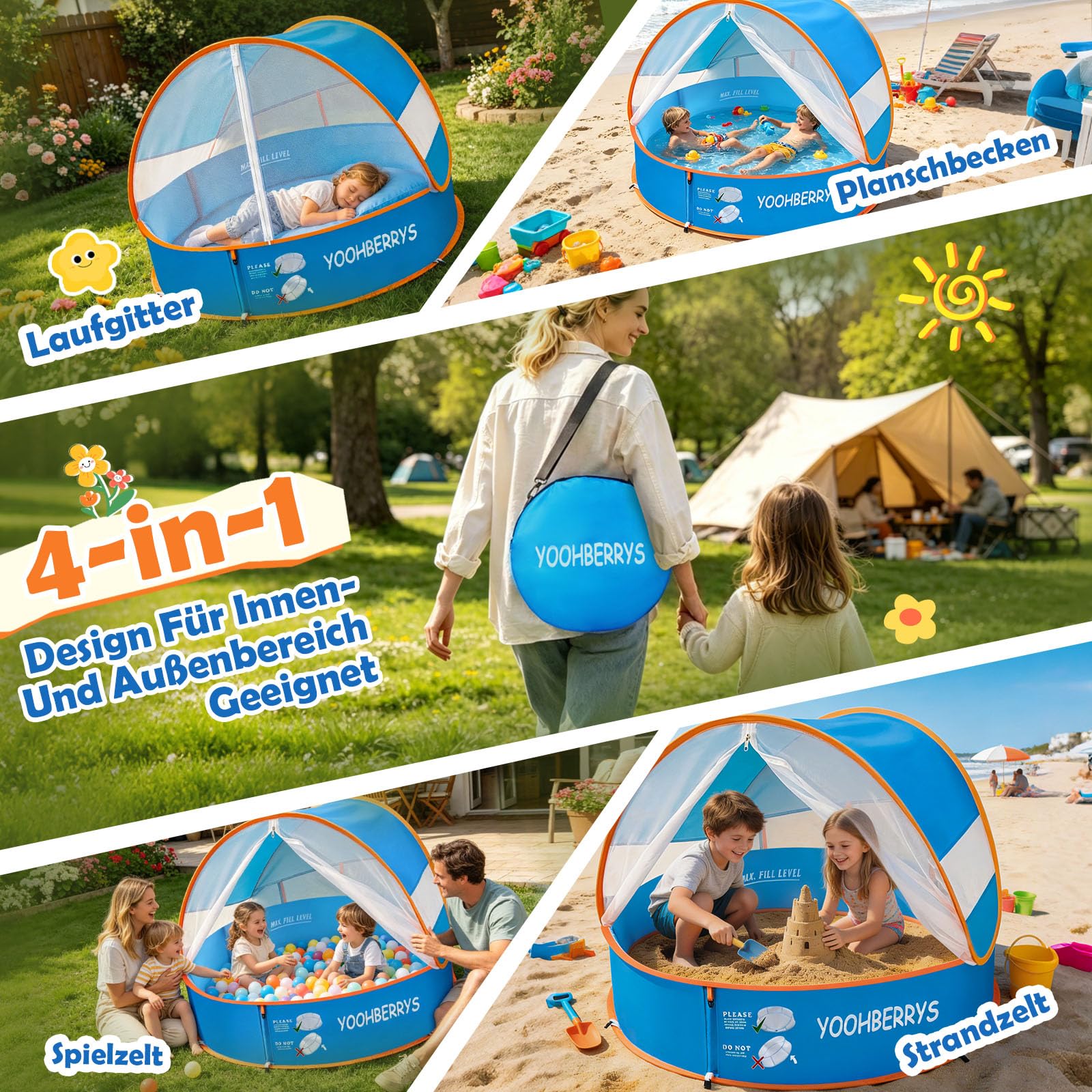 YOOHBERRYS 4-in-1 Pop Up Baby Planschbecken, Strandmuschel Baby mit UV Schutz SPF 50+, Strandzelt Babys mit Moskitonetz, Tragbare Spielzelt Bällebad für Picknick Garten Strand