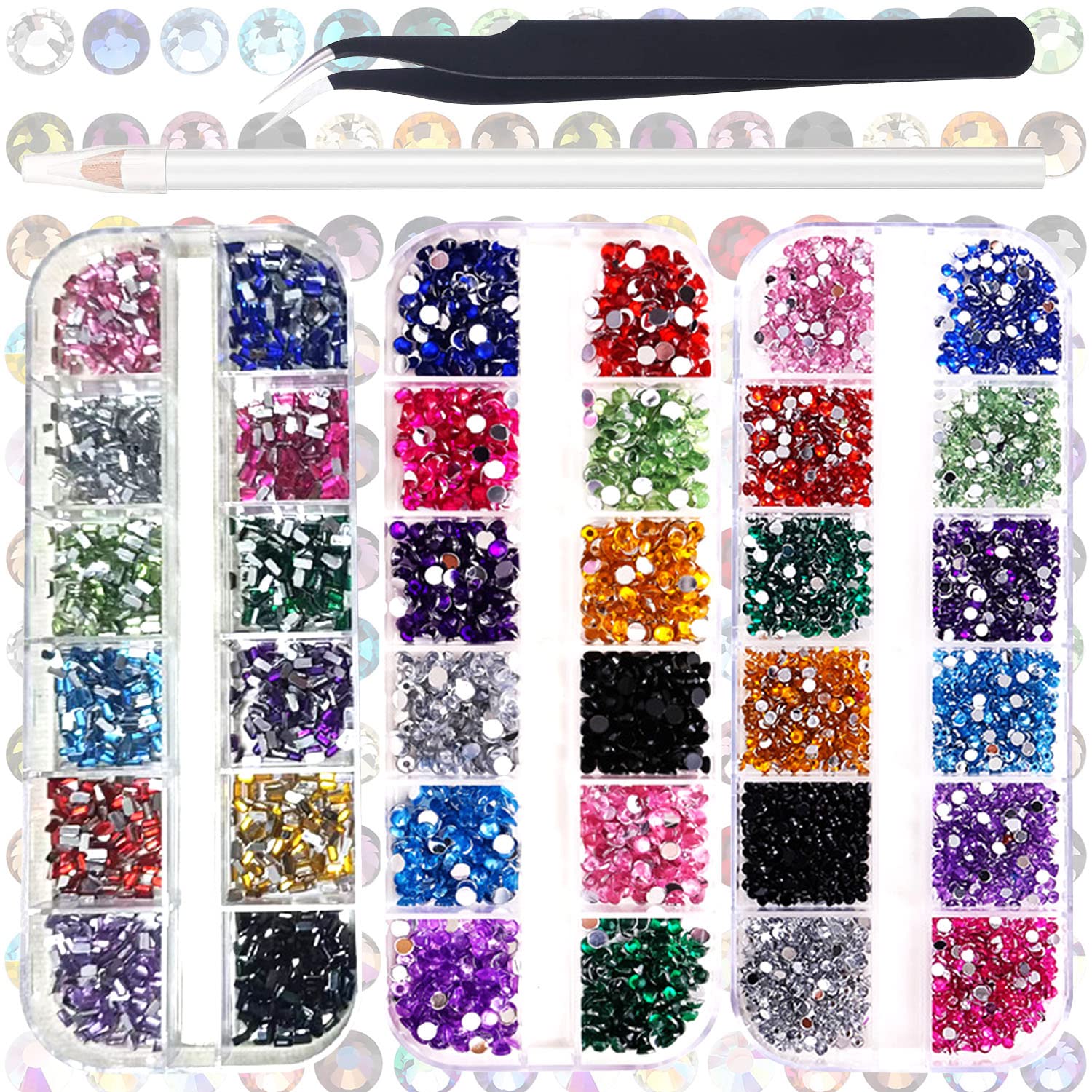 3 Pack Nail Art Rhinestone Flatback Gems Crystals Diamond for Nail Decoration Mixed Color Round Rhinestones Kit with Pickup Pencil and Tweezer for DIY