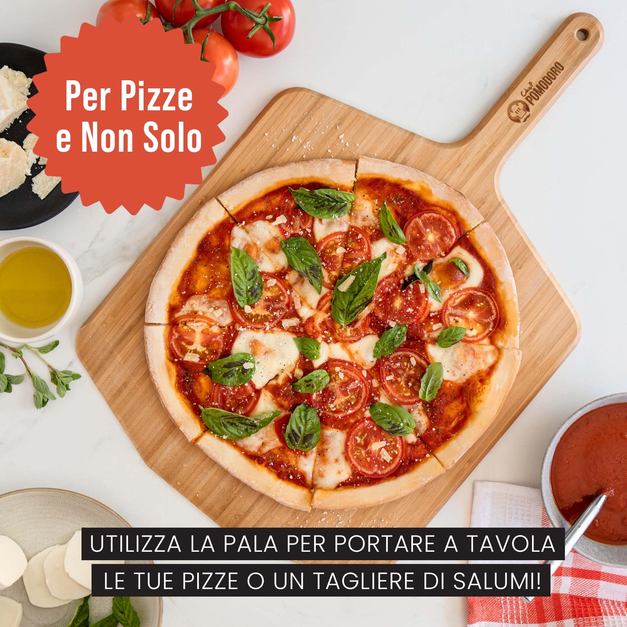 Chef Pomodoro Pala per Pizza Legno di Bambù con Manico Lungo (35,5 cm di Larghezza), Pala Legno Pizza, Pane e Dolci per Forni Domestici, Leggera e Facile da Riporre, Con Bordi Sottili