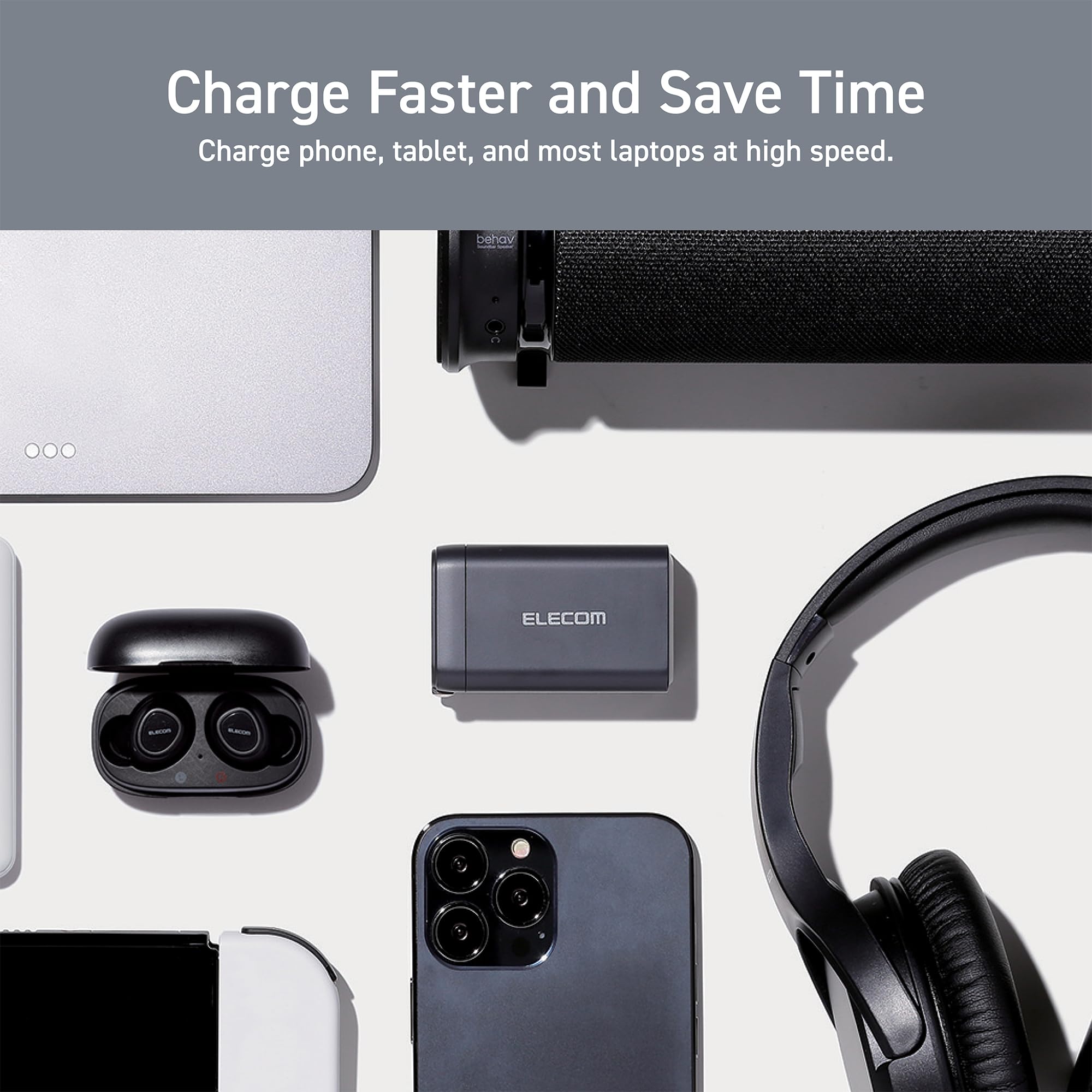 ELECOM 65W USB C Wall Charger Block, 3 Multi Port GaN II Smart PD, Ultra-Fast Charging, Compact Power Adapter for Multiple Devices, Laptops, Tablets, iPhone, iPad, Watch, Speakers, Airpods - Black