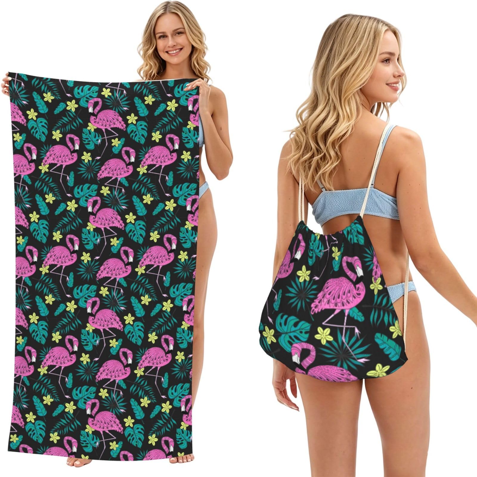Noble Ren Flamingo Pattern 2 In 1 Packable Towel Bag Beach Backpack Unisex Suitable For Travel Picnic Vacation And Camping