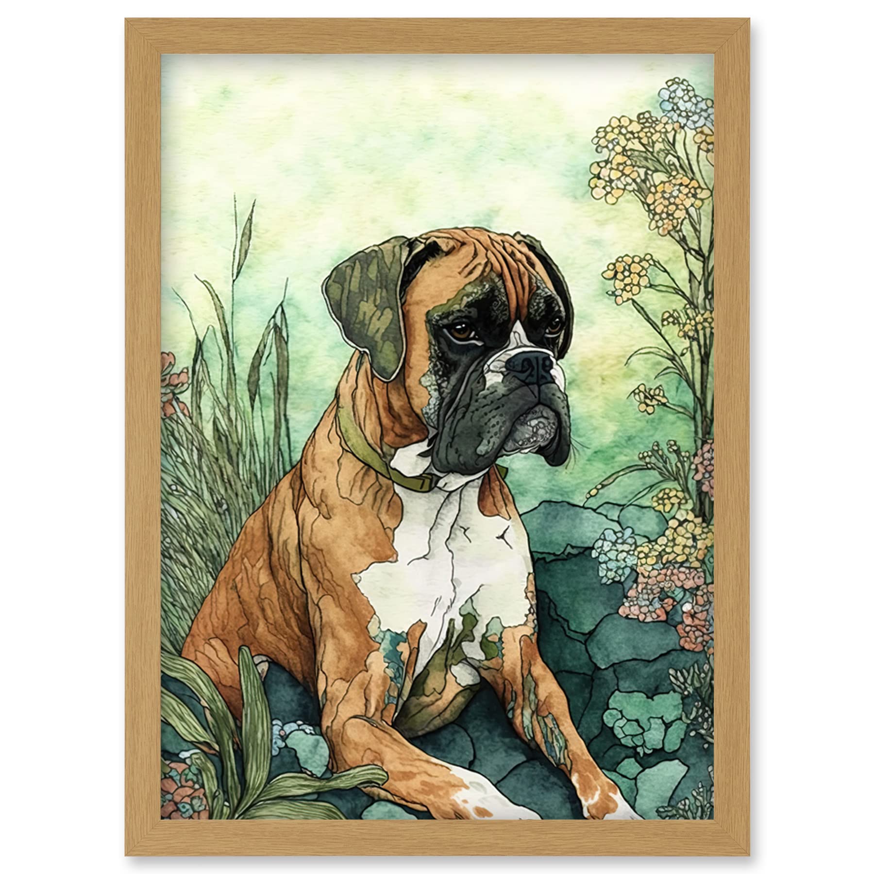 Artery8 Boxer Dog in Flower Field Colourful Watercolour Illustration Artwork Framed Wall Art Print A4