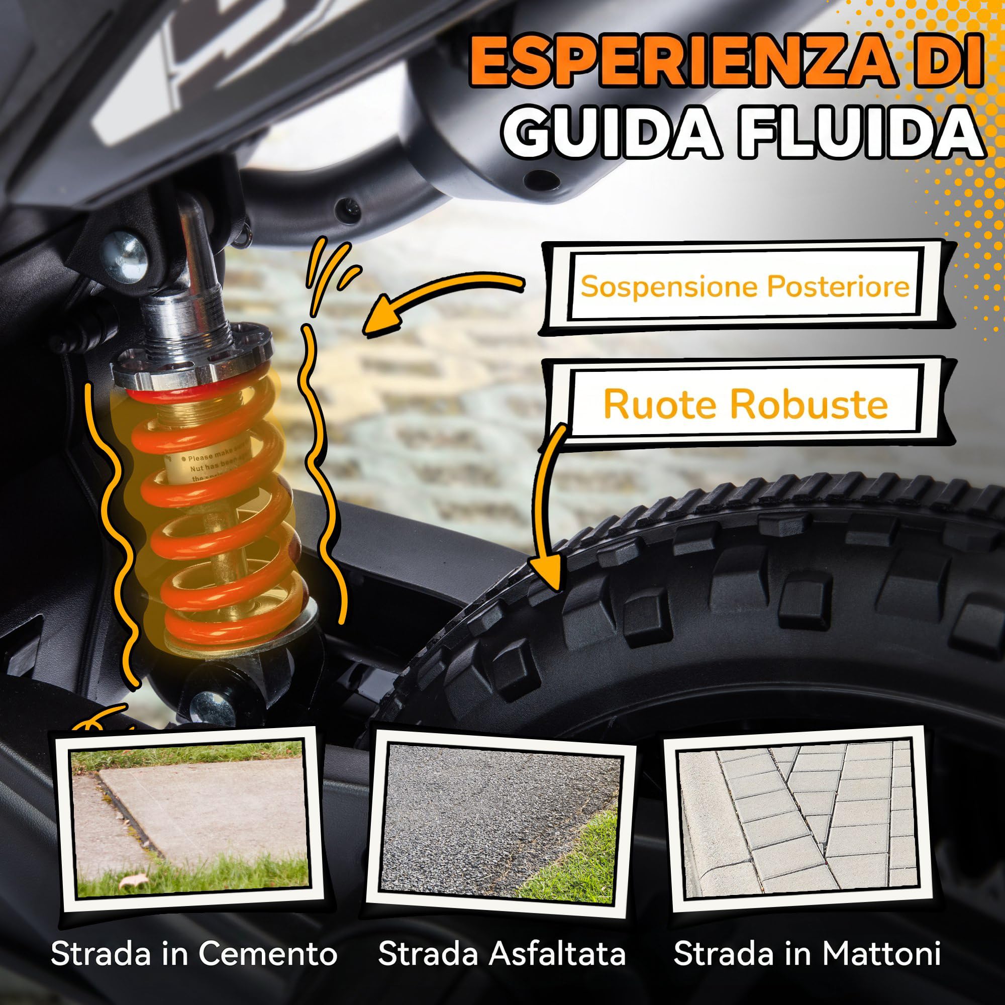 AIYAPLAY 12V APRILIA Moto Elettrica per Bambini 37-96 Mesi, Giallo | Doppi Motori, Motorino Elettrico, Rotelle di Supporto Rimovibili, Fari, Porta USB e Musiche, 6 km/h, Capacità 30kg