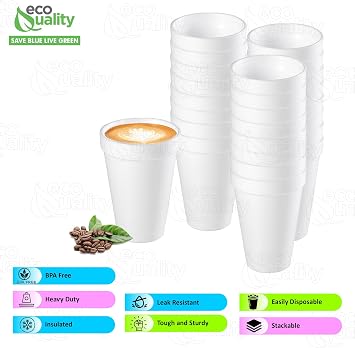 EcoQuality 10 oz White Insulated Foam Drinking Cup Single Use Disposable for Drinks Water Coffee Tea Juice Soda Espresso Latte Cooler Cups (100)
