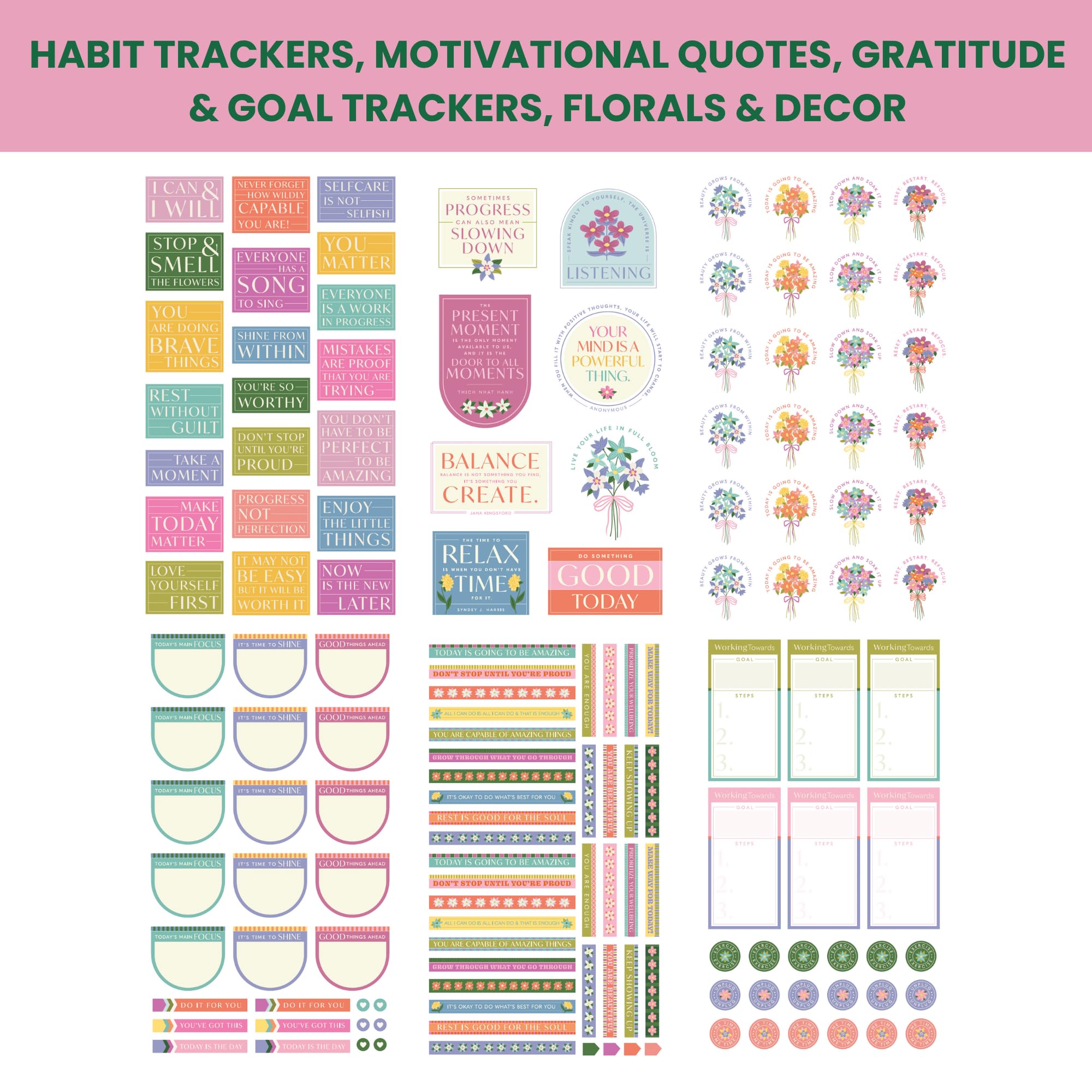 Wellness Stickerbuch für Planer – 25 Blatt, 550+ Aufkleber | Gewohnheitstracker, Motivierende Zitate, Dankbarkeit & Ziel-Tracker, Blumen & Dekor | Aufkleber für Planer, Tagebücher & Sammelalben
