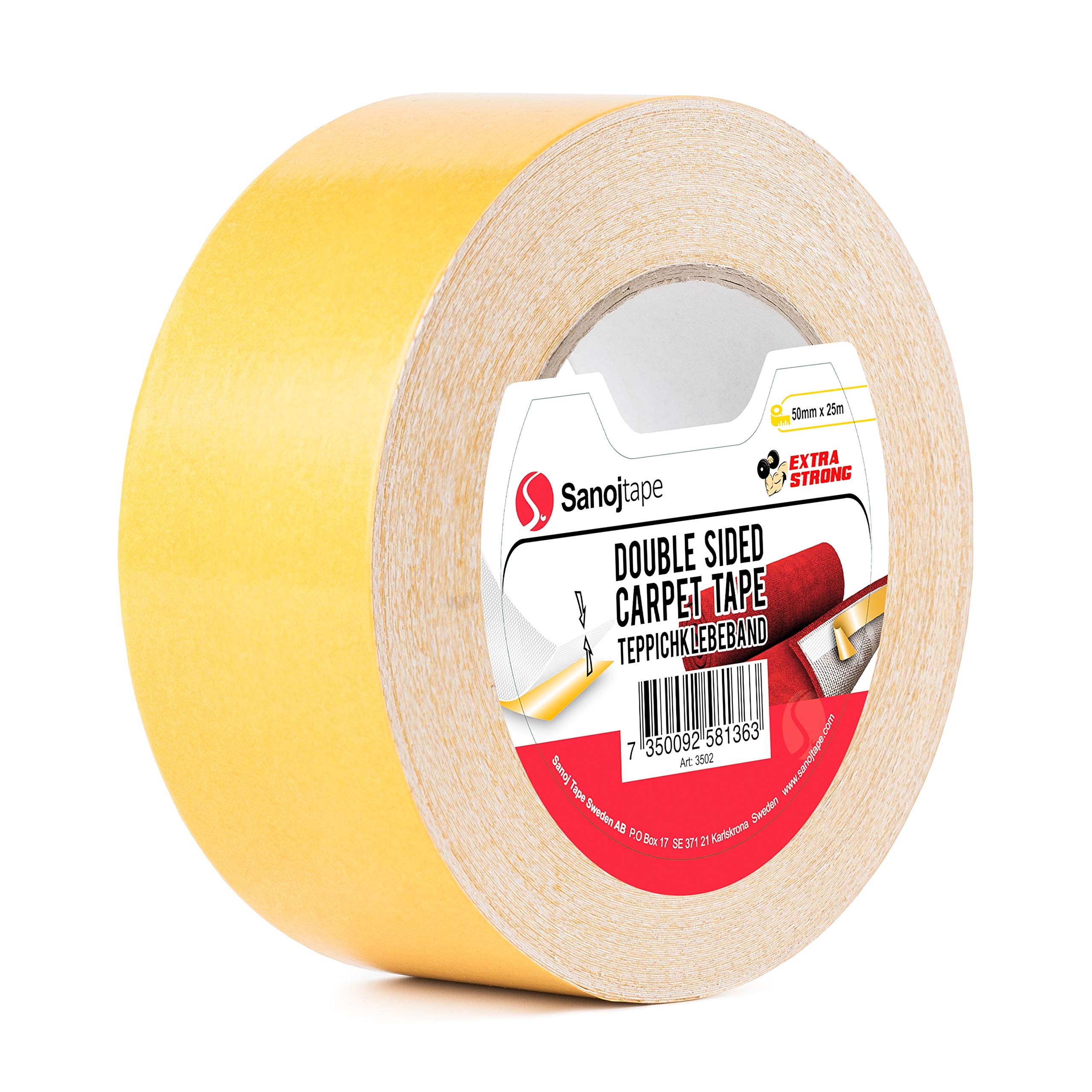 Sanojtape Ruban à Tapis Original de 50mm x 25m (Lot de 3) Extra Fort Double Face Ultrarésistant pour Tapis, Carpettes, Paillassons & Intérieurs